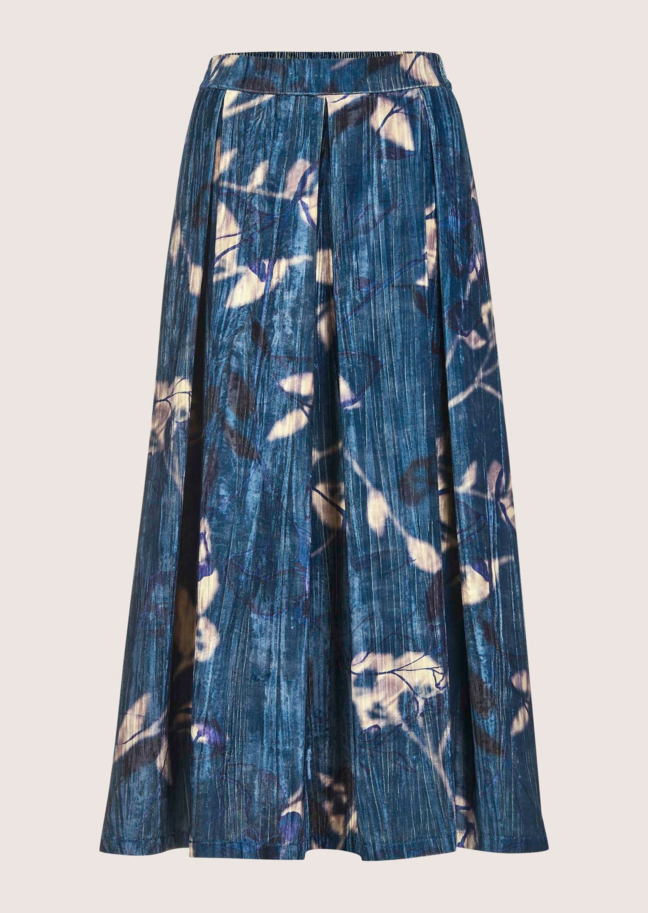 Midirock MADELEINE "Samtrock Eleganter Midirock mit floralem Design", Damen, Gr. 38, blau (tintenblau, multicolor), Obermaterial: 100% Polyester PES., Modern, Röcke, Samtrock in Midilänge mit floralem Print