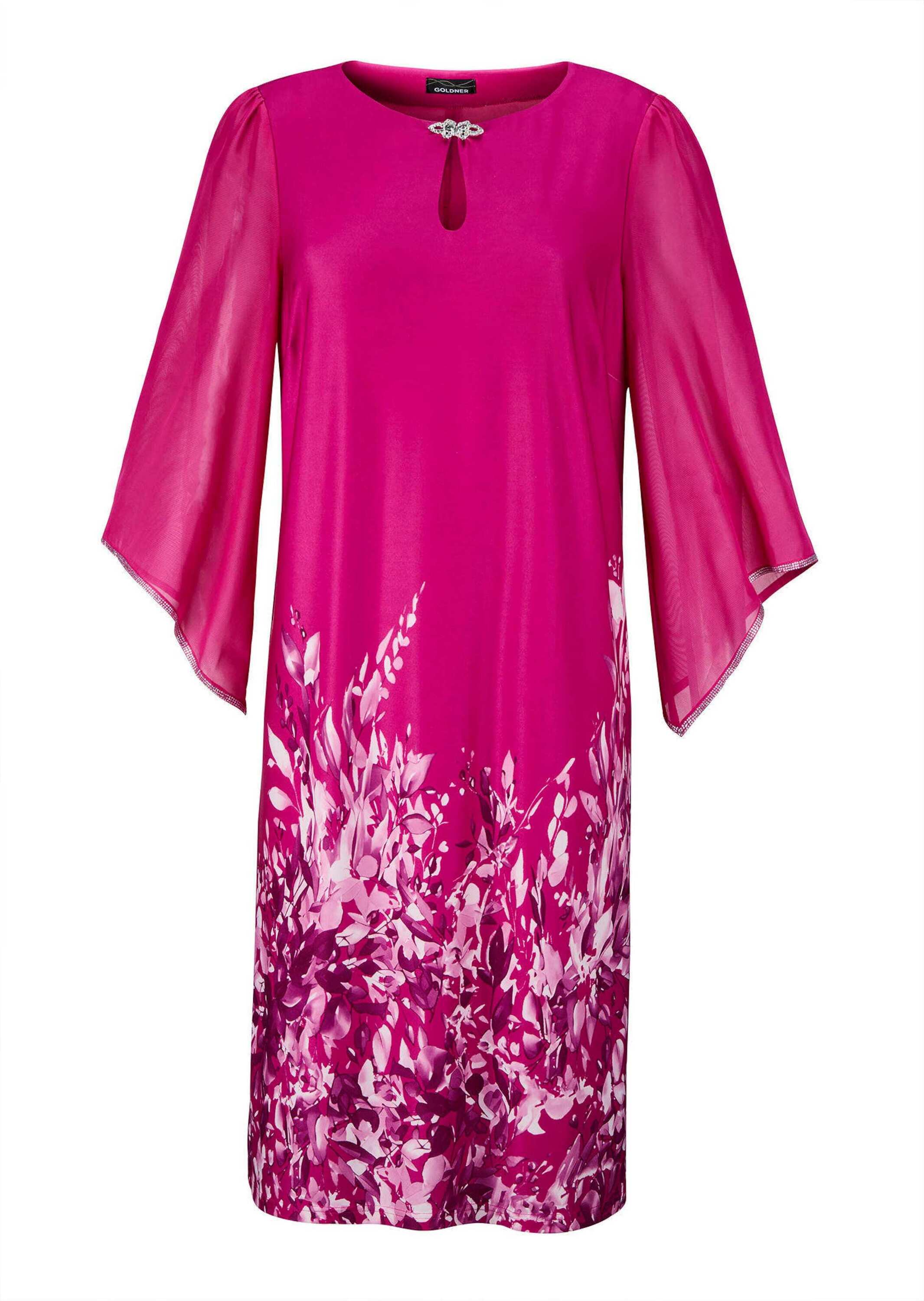 Sommerkleid GOLDNER "Pinkes elegantes Kleid mit 3/4-Arm aus Chiffon", Damen, Gr. 54, N-Gr, rosa (pink, geblümt), Obermaterial: 96% Polyester PES. 4% Elasthan EL., Kleider Sommerkleid