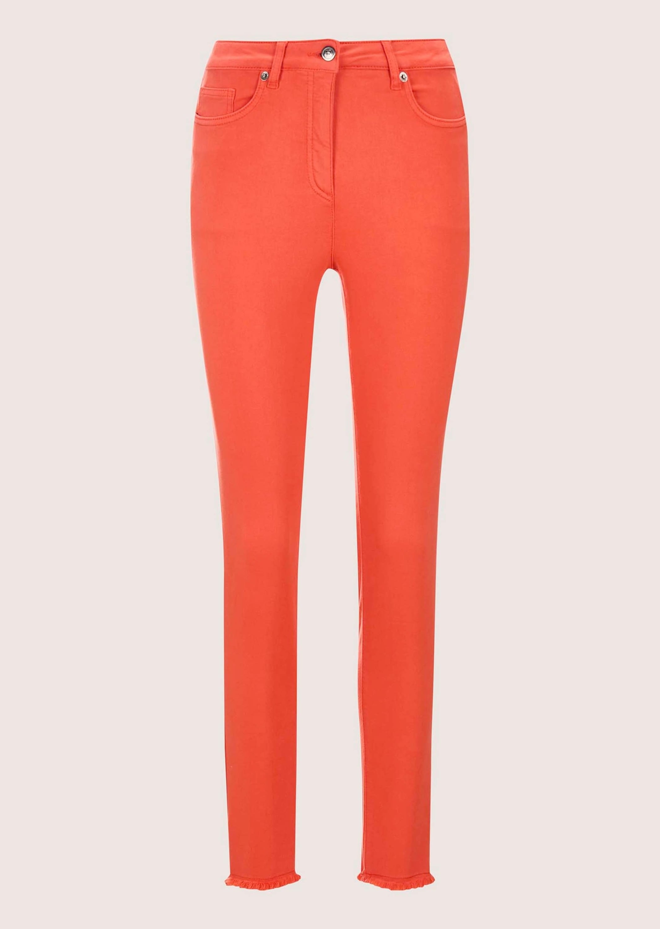 Regular-fit-Jeans MADELEINE "Jeans Mid Waist Skinny-Hose mit Fransen", Damen, Gr. 21, K-Gr, orange (blutorange), Obermaterial: 92% Baumwolle CO. 6% Polyester PES. 2% Elasthan EL., Jeans
