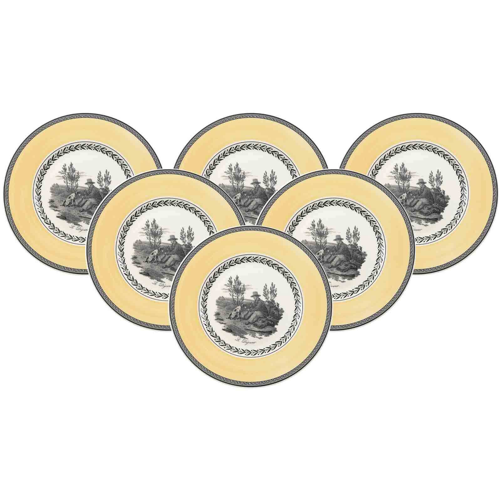 Frühstücksteller VILLEROY & BOCH "Frühstücksteller Audun Chasse ø 21,6 cm 6er Set weiß-grau-gelb", bunt (weiß, grau, gelb), Speiseteller