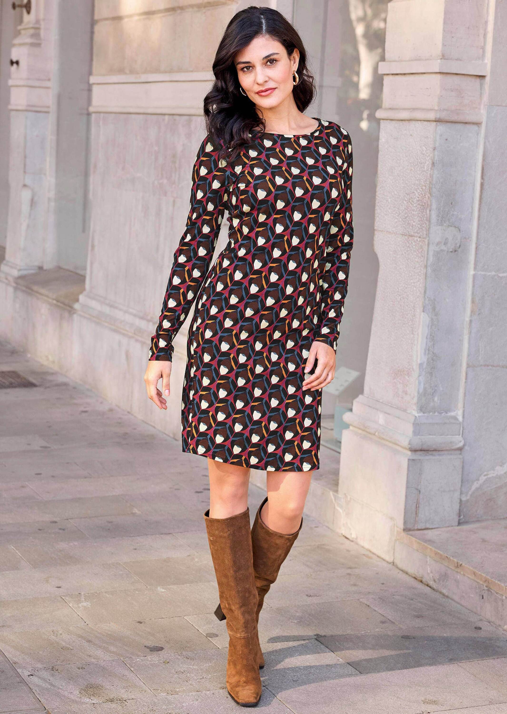 Druckkleid ALBA MODA "Kleid Kleid", Damen, Gr. 46, N + K Gr, bunt (bunt, gemustert), Obermaterial: 84% Viskose CV. 11% Polyamid PA. 5% Elasthan EL., Kleider Druckkleid