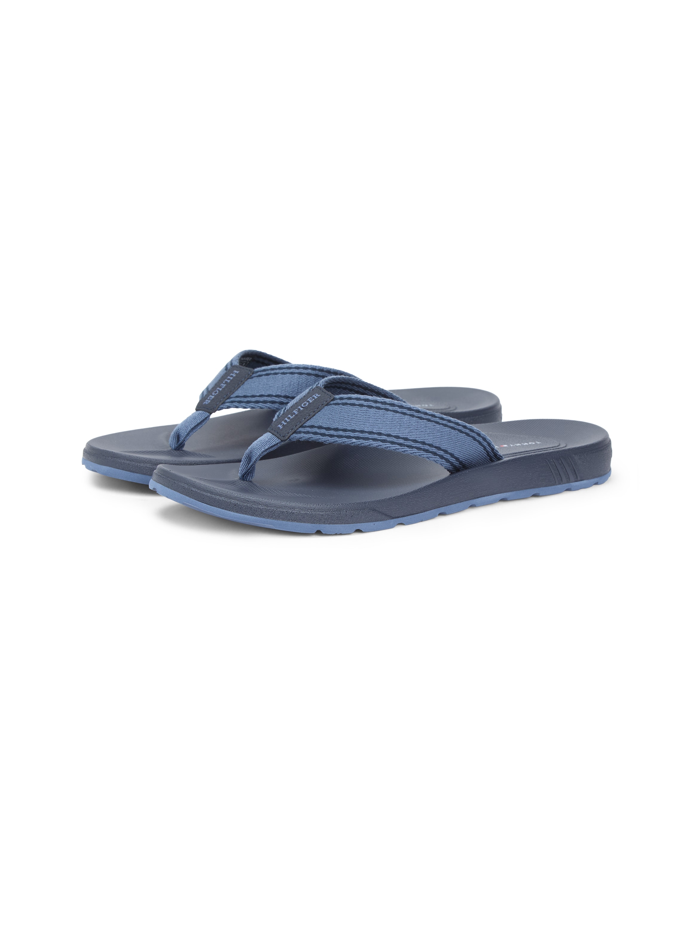 Zehentrenner TOMMY HILFIGER "MOLDED HILFIGER BEACH SANDAL", Herren, Gr. 41, blau, Textil, Schuhe Zehentrenner, Plateau, Sommerschuh, Strandschuh mit Streifen
