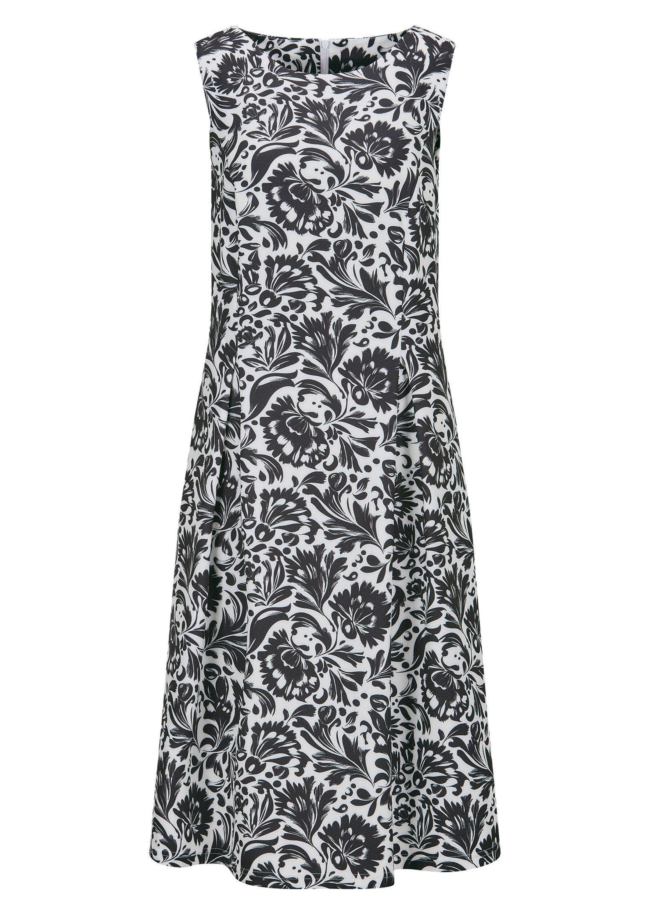 Sommerkleid GOLDNER "Elegantes Jerseykleid mit Faltenrock", Damen, Gr. 42, N-Gr, schwarz (schwarz, weiß, gemustert), Obermaterial: 87% Polyester PES. 13% Elasthan EL., figurumspielend, Kleider Sommerkleid, Nahttaschen an der Seite