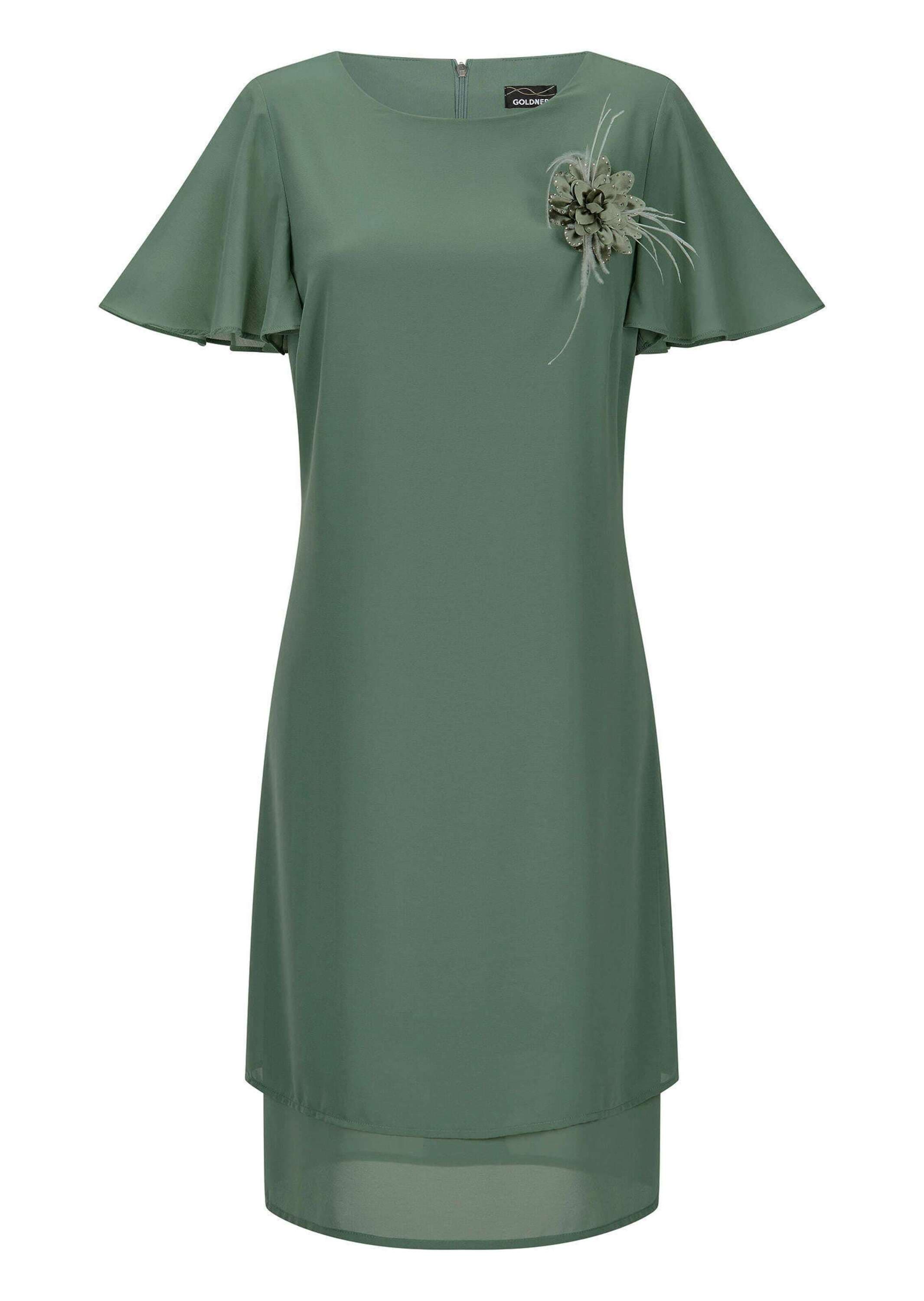 Sommerkleid GOLDNER "Kurzgröße Elegantes Chiffon-Kleid mit Brosche", Damen, Gr. 19, K-Gr, grün (salbei), Obermaterial: 100% Polyester PES., Kleider Sommerkleid