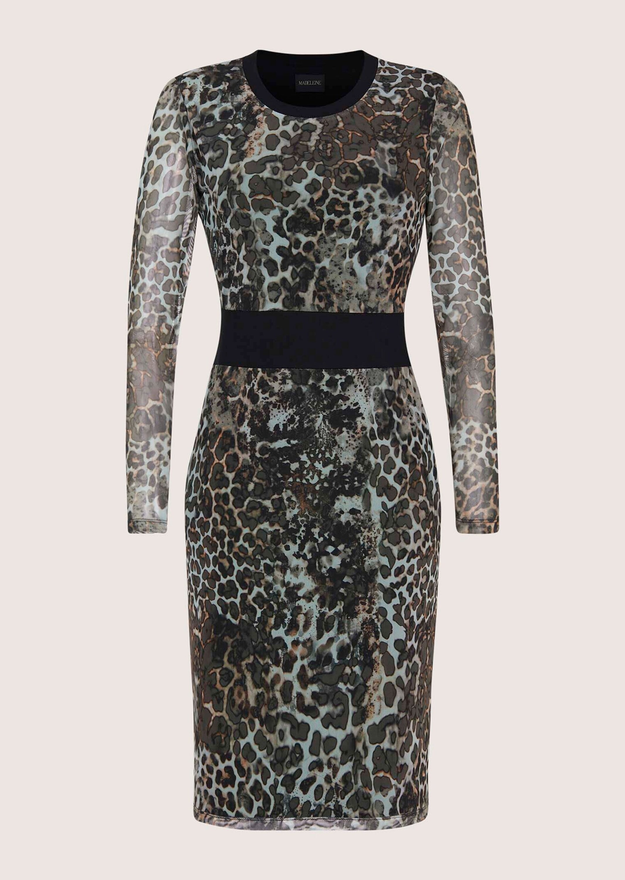 Sommerkleid MADELEINE "Etuikleid Elegantes Mesh-Kleid mit Animal-Print", Damen, Gr. 42, N-Gr, schwarz (schwarz, beige, multicolor), Obermaterial: 95% Polyester PES. 5% Elasthan EL., Kleider Sommerkleid, Mesh-Qualität