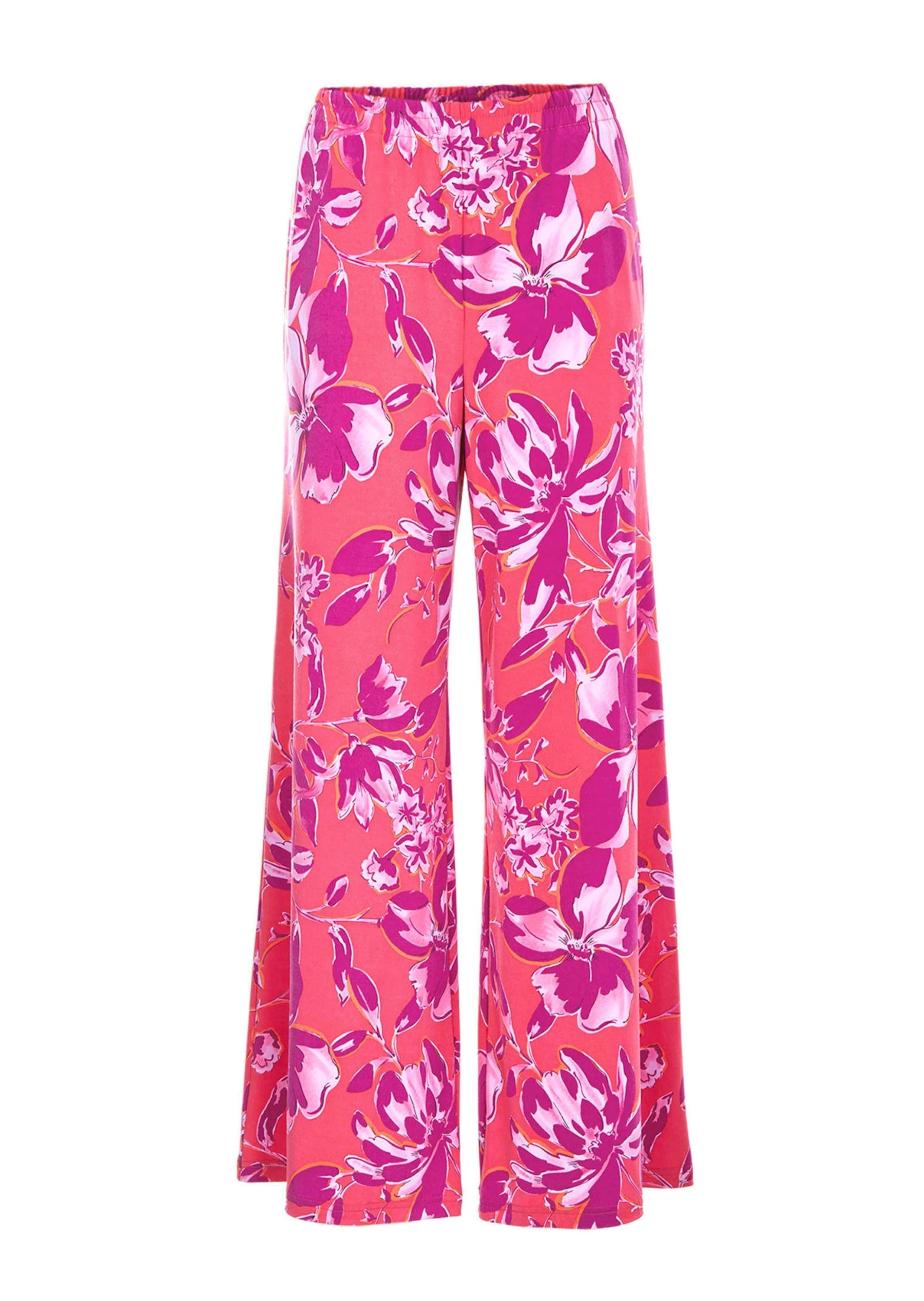 2-in-1-Hose GOLDNER "Kurzgröße Palazzo-Hose mit sommerlichem Druck", Damen, Gr. 23, K-Gr, rosa (pink, mandarine, geblümt), Obermaterial: 95% Polyester PES. 5% Elasthan EL., Hosen