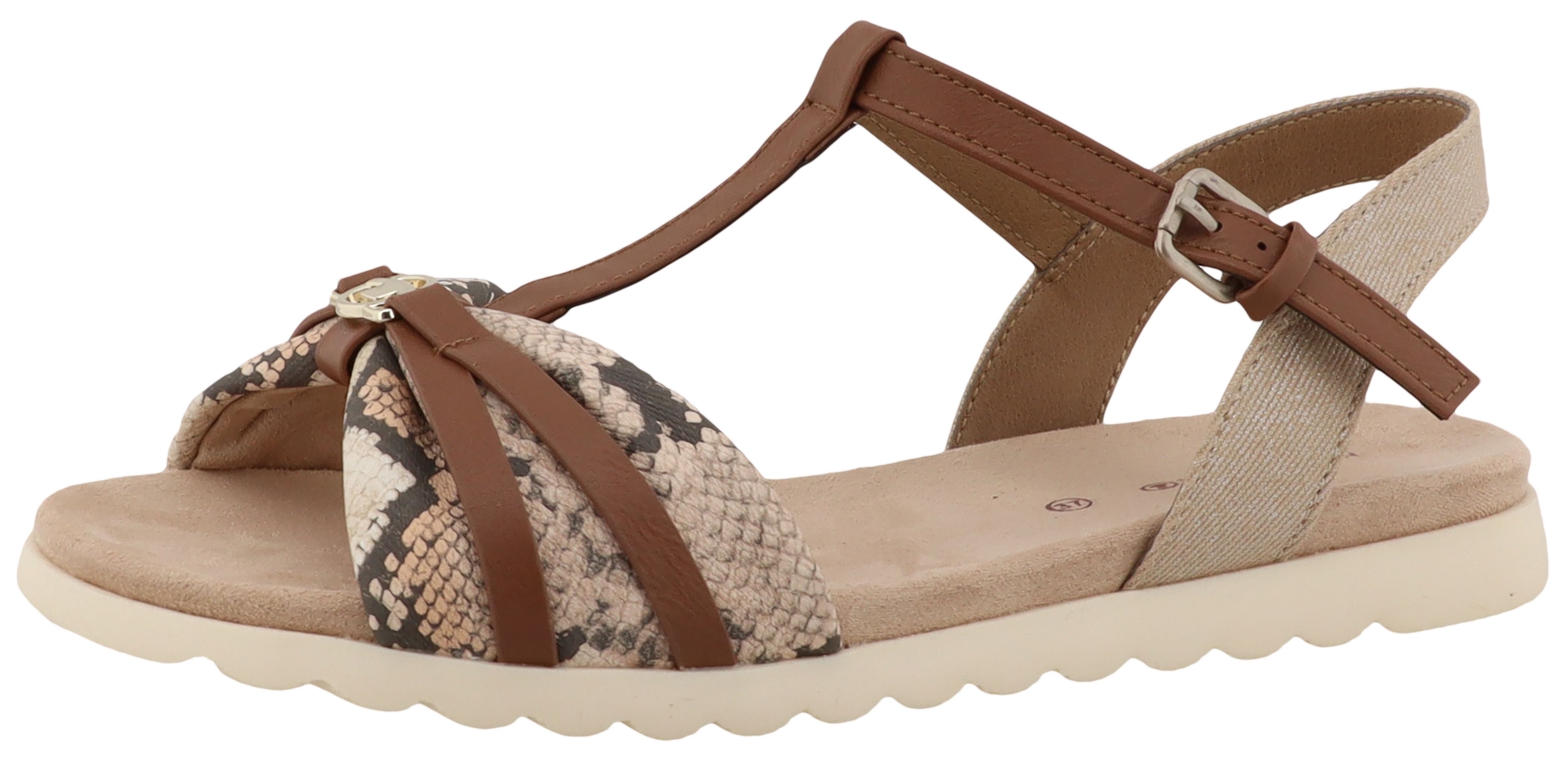 Riemchensandale TOM TAILOR "Mandy", Damen, Gr. 38, beige, braun, Lederimitat, Textil, Schuhe Riemchensandale, Platau, Sandalette, Sommerschuh mit Kontrastbesatz in Snake-Optik