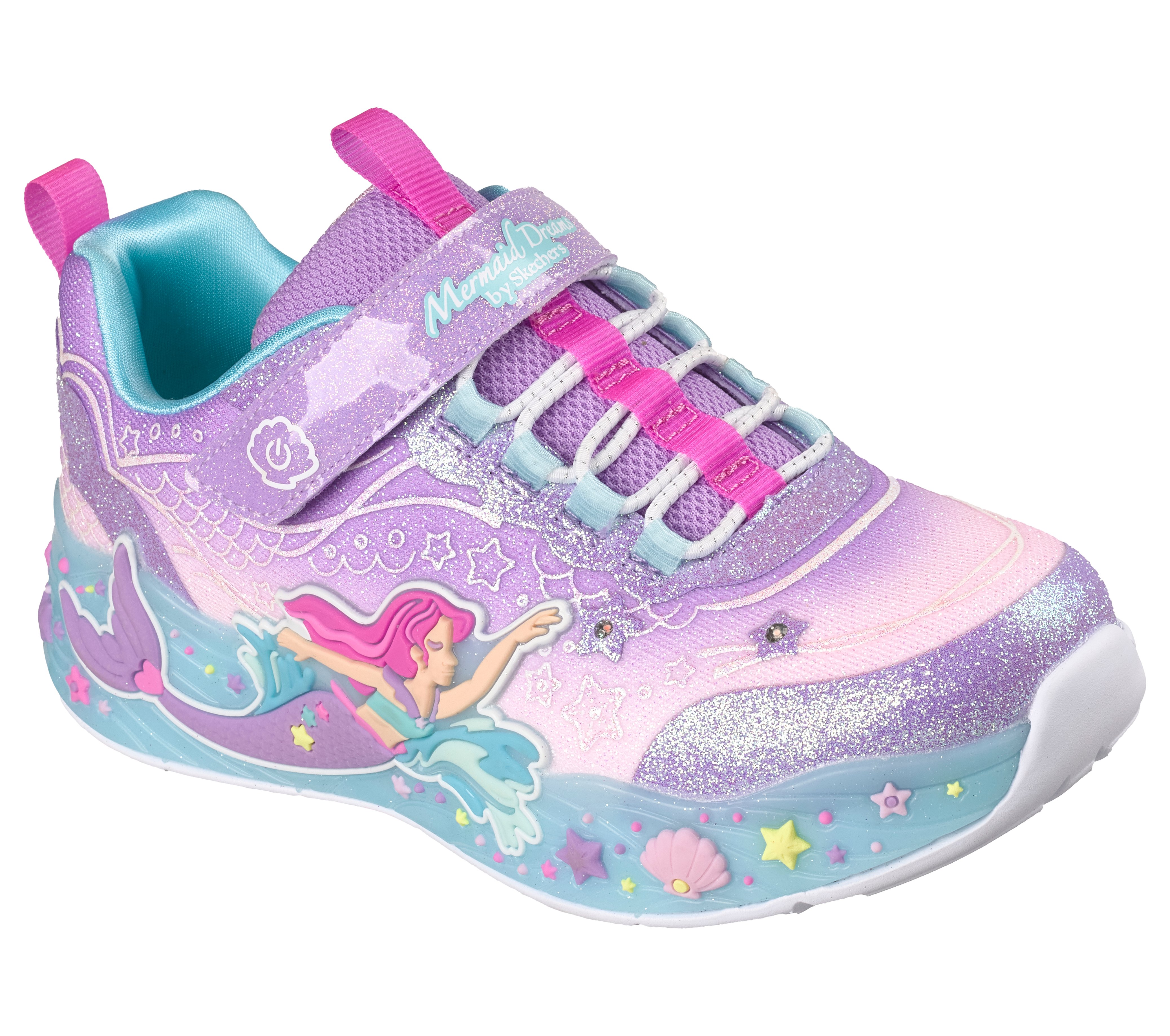 Sneaker SKECHERS "MERMAID DREAMS LIGHTS", Damen, Gr. 32, lavendel, Synthetik, Textil, Glitzer, kontrastfarbene Details, Schuhe Sneaker, Blink,-Klettschuh mit Applikation, Größenschablone zum Download