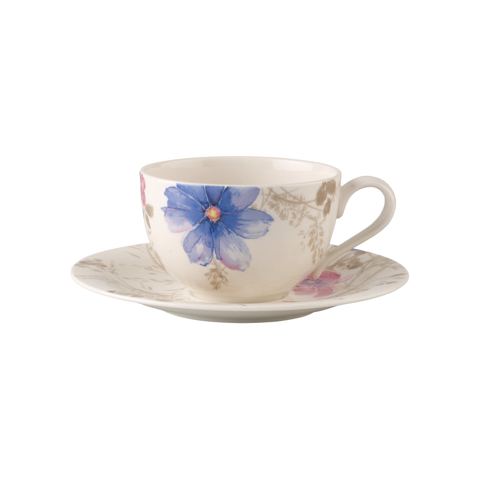 Tasse VILLEROY & BOCH "Frühstückstasse mit Untertasse Mariefleur Gris Basic 290 ml bunt", bunt, 1 tlg., Porzellan, Trinkgefäße, Tasse Image