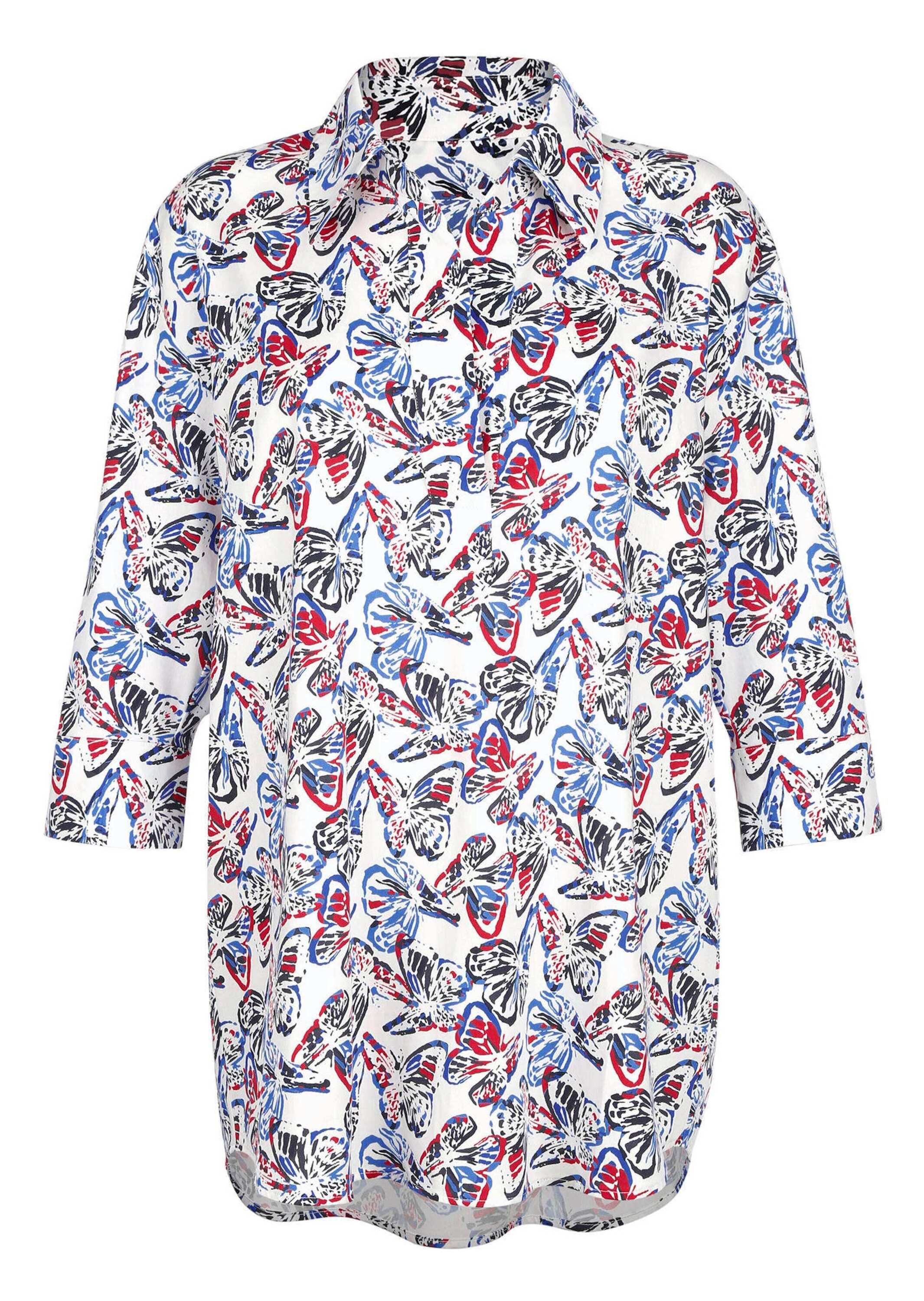 Hemdbluse ALBA MODA "Hemdbluse Hemdbluse mit Alloverdruck", Damen, Gr. 34, blau (marine), Obermaterial: 96% Baumwolle CO. 4% Elasthan EL., Blusen Hemdbluse