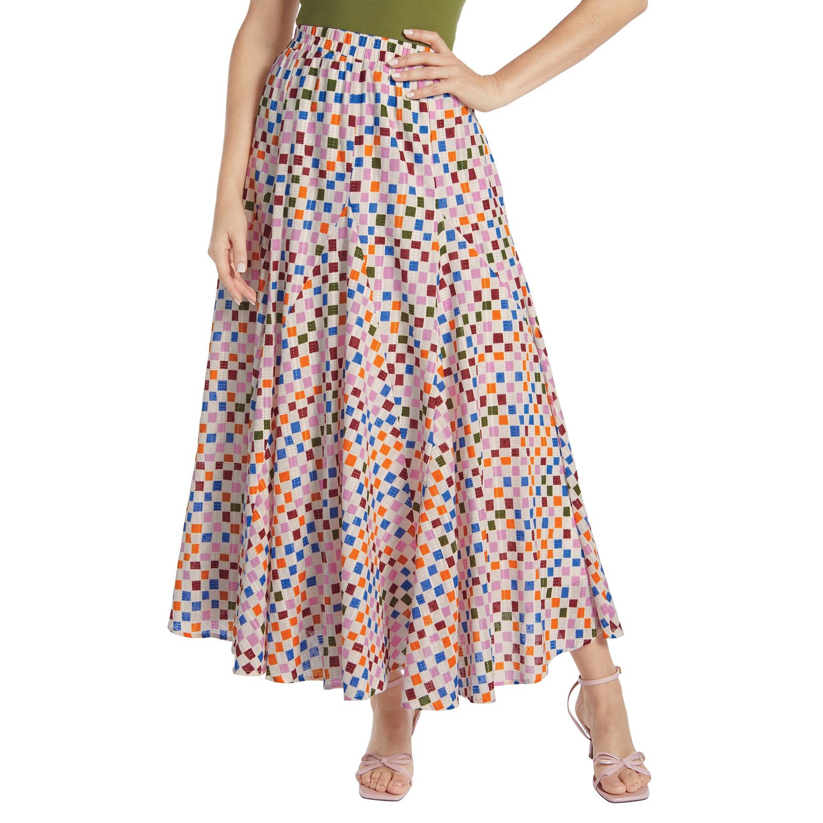 Masseys Daydream Maxi Skirt (Size L) Multi Checker, Cotton