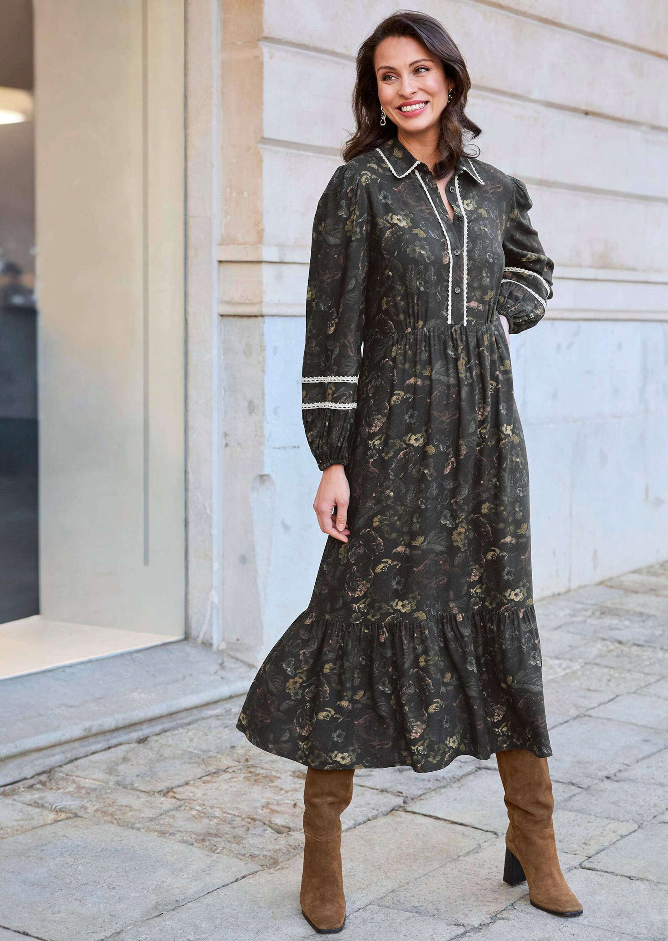 Midikleid ALBA MODA "Kleid Kleid", Damen, Gr. 44, N + K Gr, schwarz (schwarz, multicolor), Obermaterial: 100% Viskose CV., Modern, Kleider Midikleid