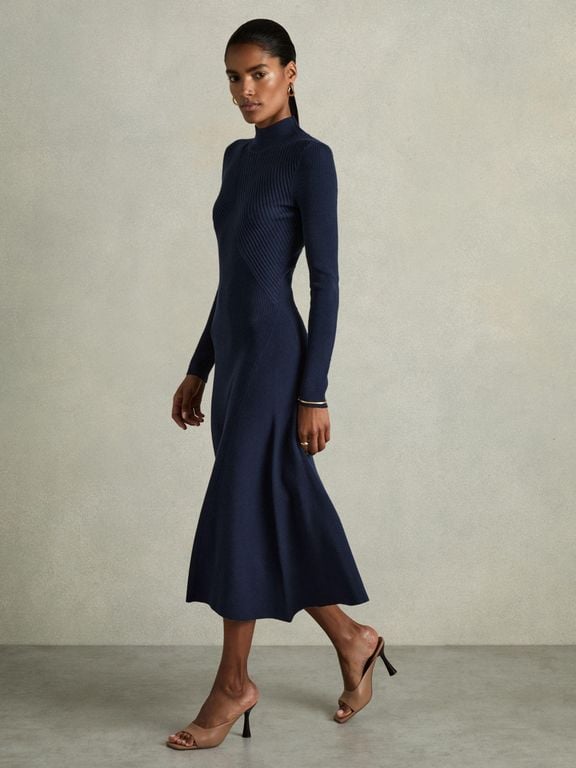 Ribbed Round Neck Midi Dress - Blue - Reiss Dresses