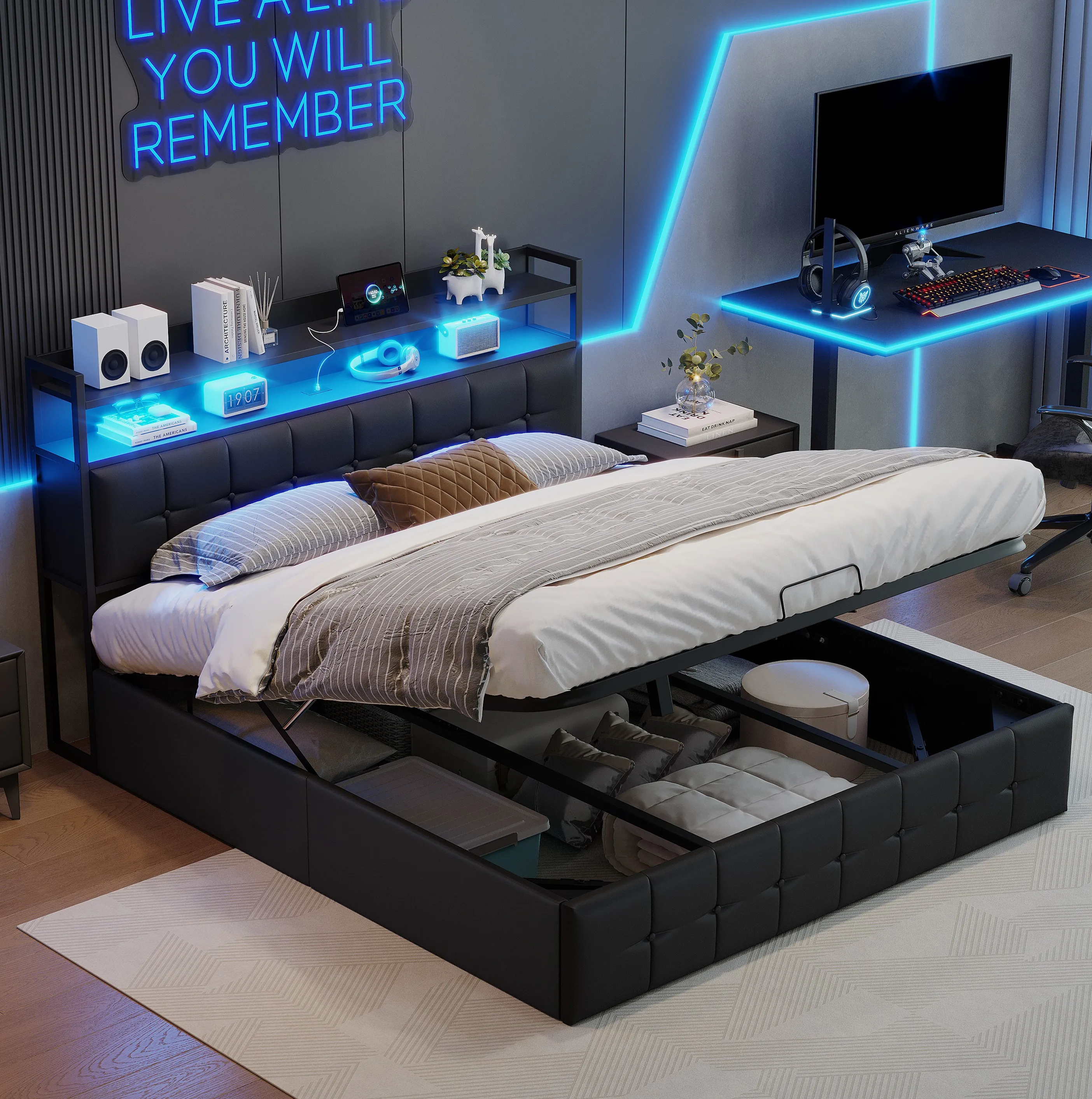 Rosahqnda Letto imbottito Letto matrimoniale 140-160*200 cm Letto contenitore idraulico LED e USB Letto per ospiti Letto per ragazzi PU/Lino