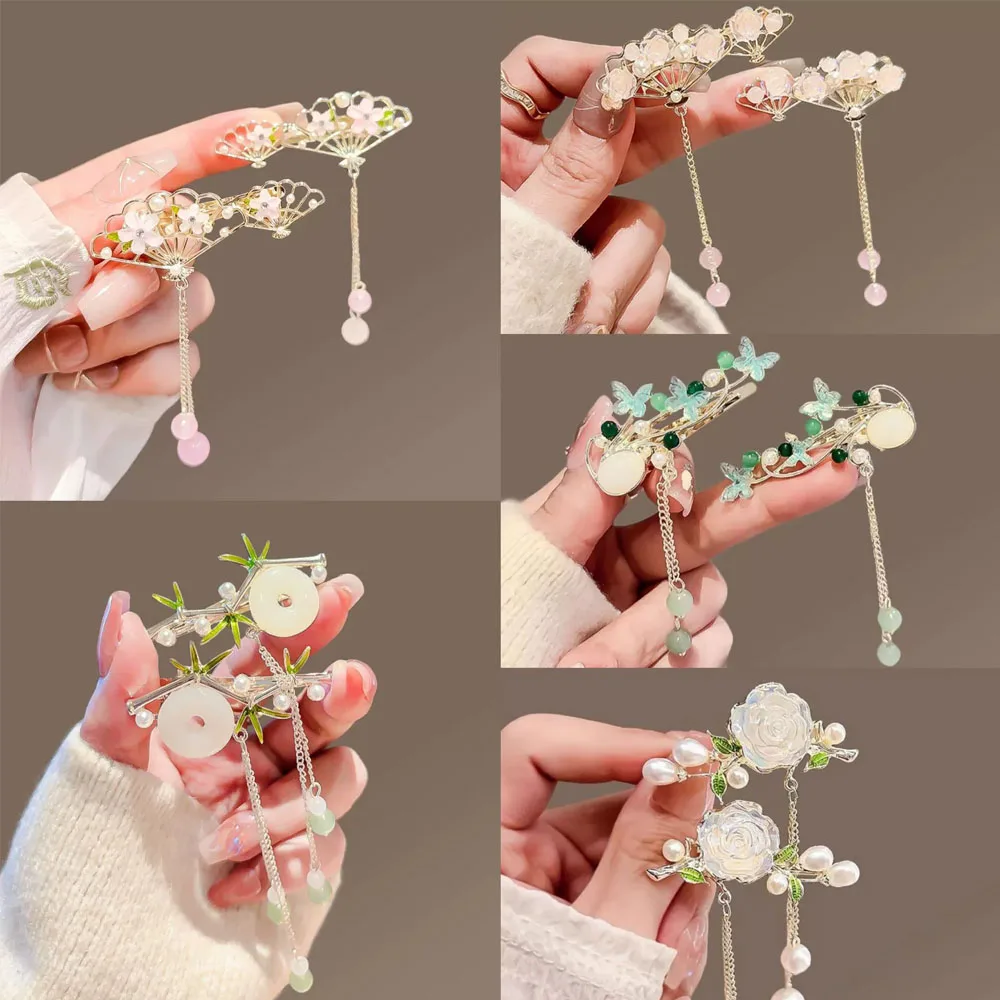 2 pezzi nuovo stile cinese semplice perla nappa clip a becco d'anatra clip per capelli in stile antico super bella frangia clip laterale fermagli per capelli