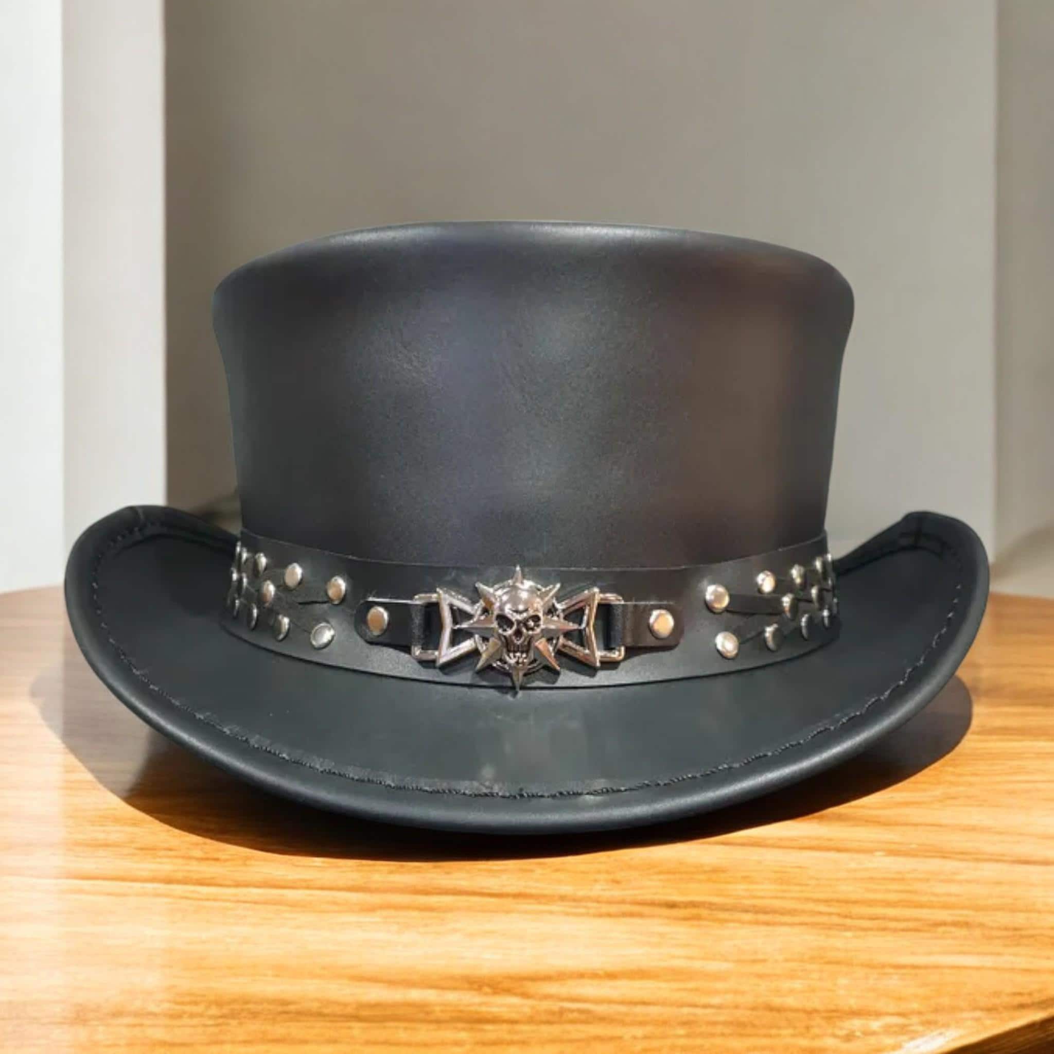 Cappello a cilindro in pelle nera stile steampunk, stile gotico, da cowboy, fatto a mano, stile western, da rocker
