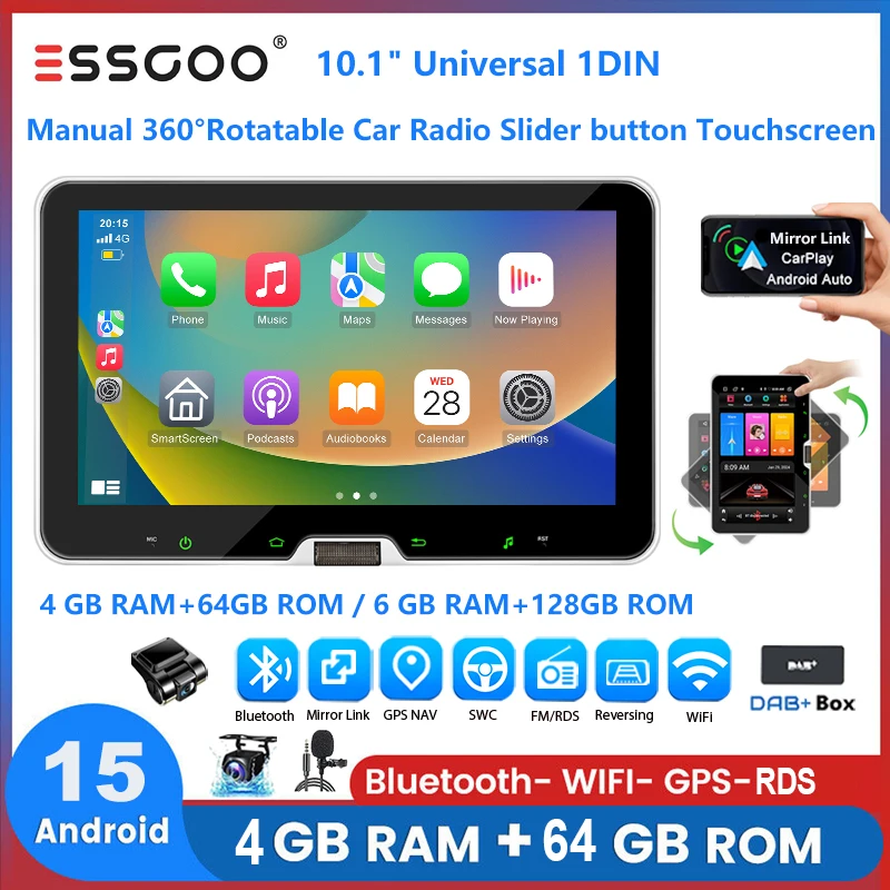 ESSGOO Autoradio Android 15 10.1" 4+64 GB / 6+128 GB Wireless CarPlay Drehbarer Bildschirm 360° GPS Navigation FM RDS Bluetooth WiFi Scrollen Mikrofon Mirror Link Lenkradsteuerung Android Auto Image