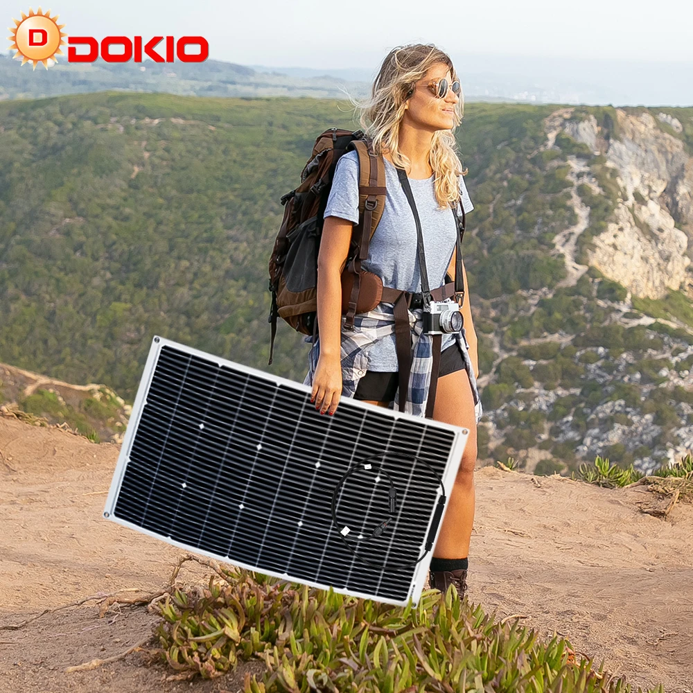 DOKIO 200W 18V Flexibles Solarpanel, Wasserdichtes Monokristallines Modul für Wohnmobil-Camping & 12V Batterieladung zu Hause Image