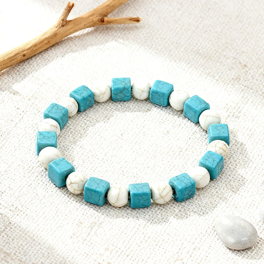 Türkisfarbenes quadratisches Perlenarmband für Männer, Lava, Onyx, Howlith, Naturstein, Stretch-Schmuck, handgefertigt, Yoga, elastisches Armband, Geschenk Image