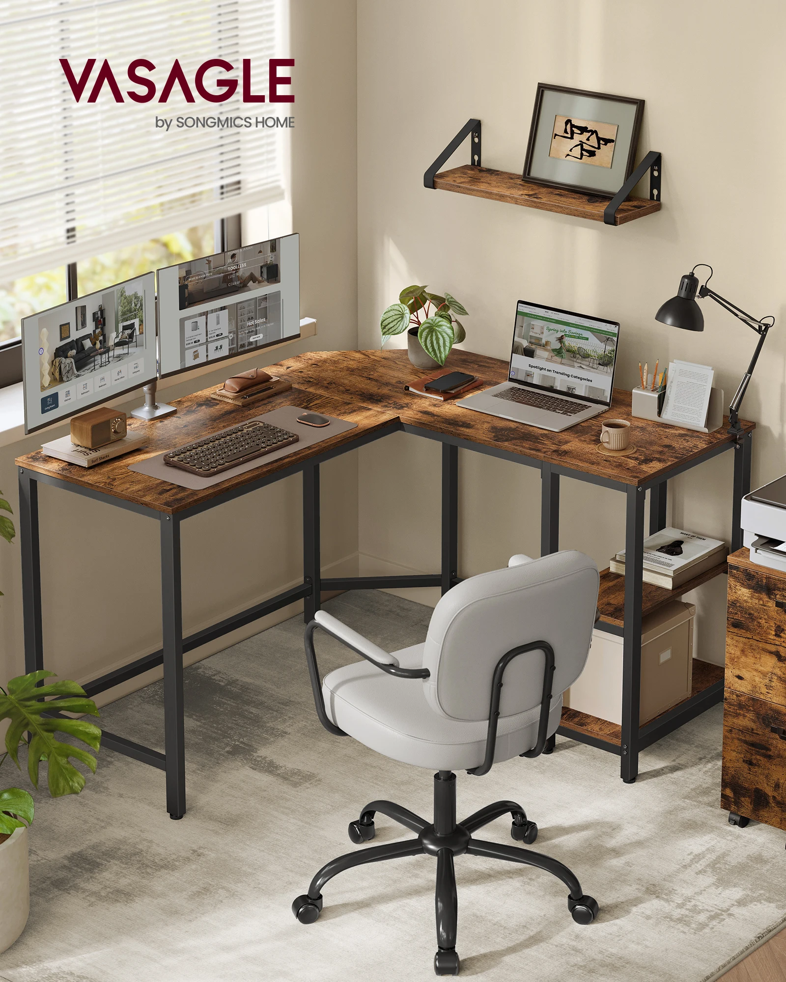 VASAGLE Schreibtisch, L-förmiger Computertisch, 130 x 120 x 76 cm, Eckschreibtisch mit 2 Ablagen, platzsparender Bürotisch