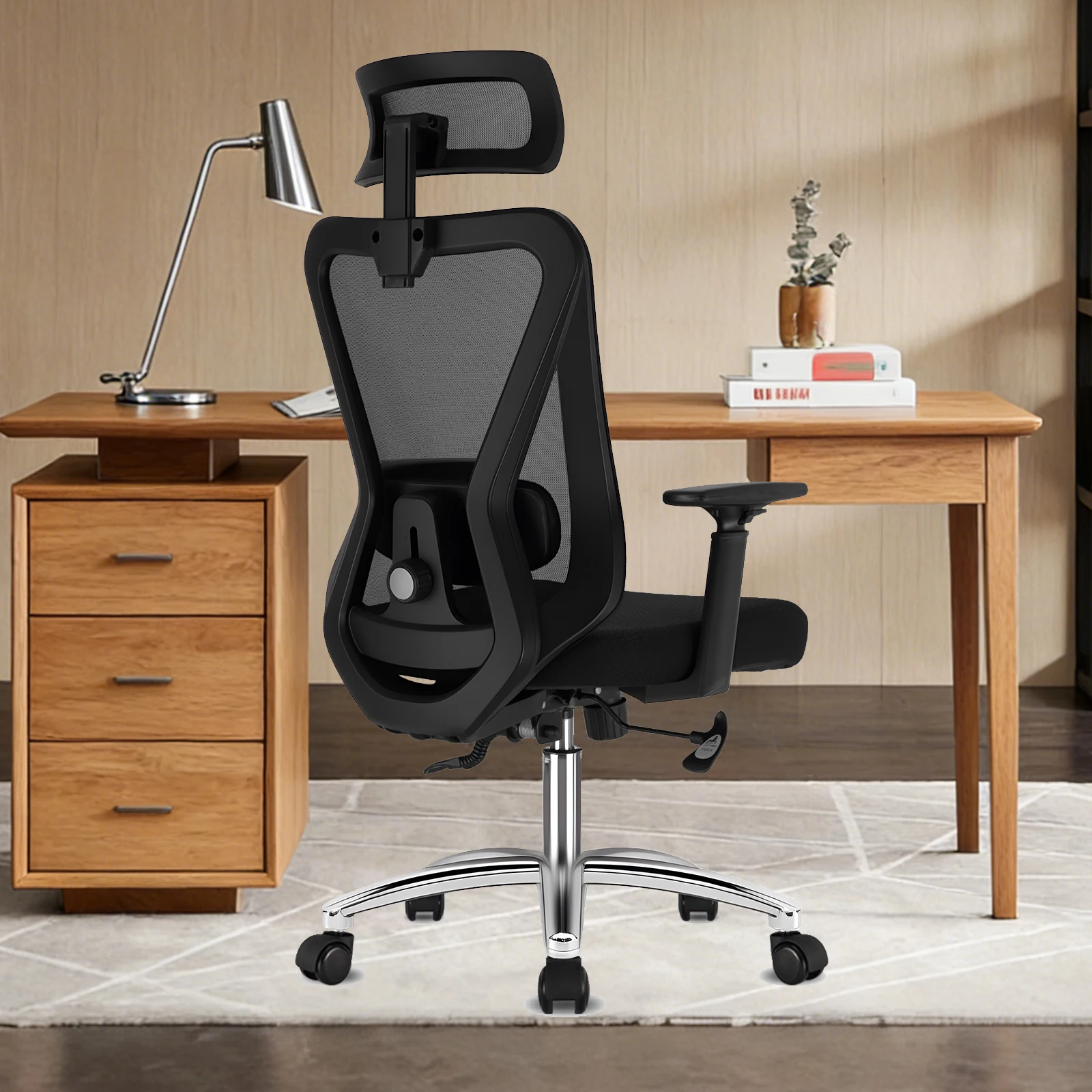 Durrafy Ergonomischer Bürostuhl, Schreibtischstuhl mit Kopfstütze, Armlehnen, Drehstuhl mit 90°-Drehung ° -130 ° Liegefunktion (verriegelbar) Image