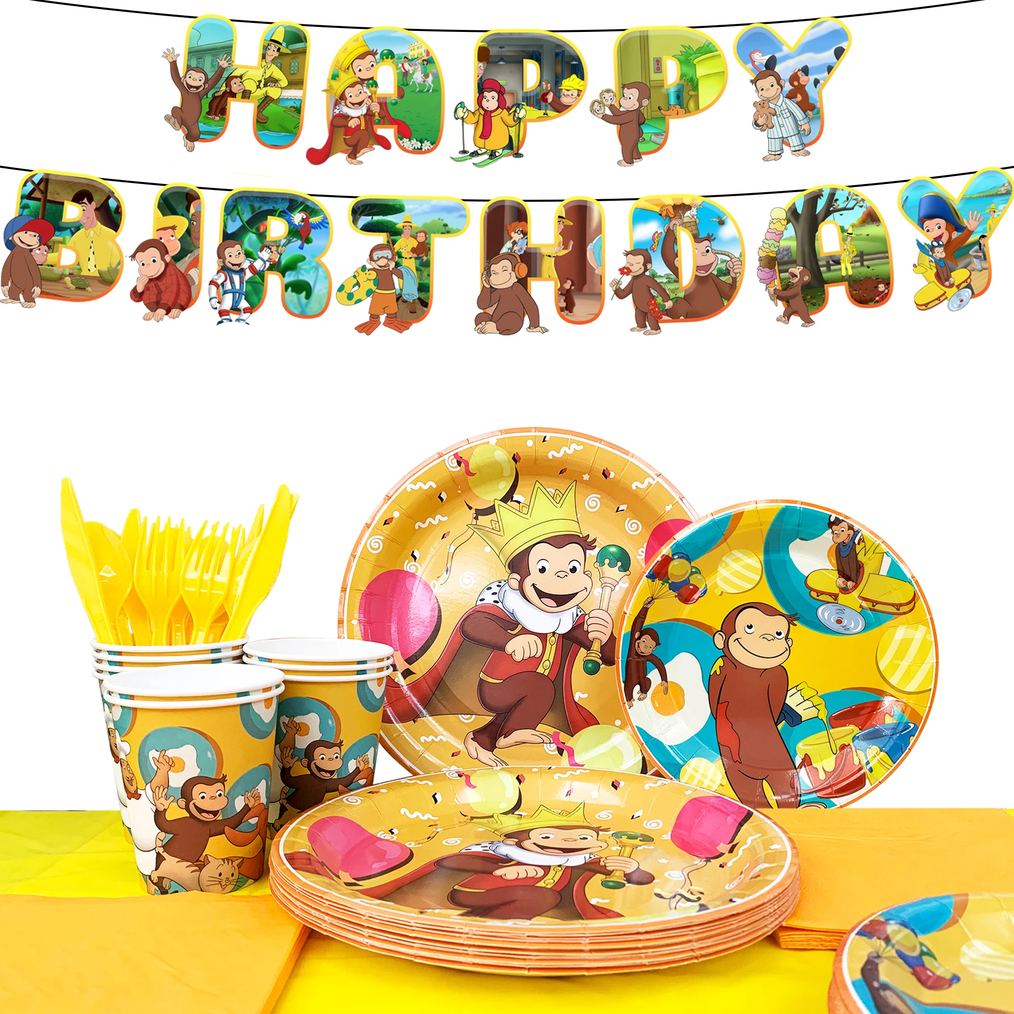 114 Stück George Monkey Geburtstagsparty-Geschirr – George Monkey Banner Teller Tischdecke Tasse usw. George Monkey Geburtstagszubehör Image