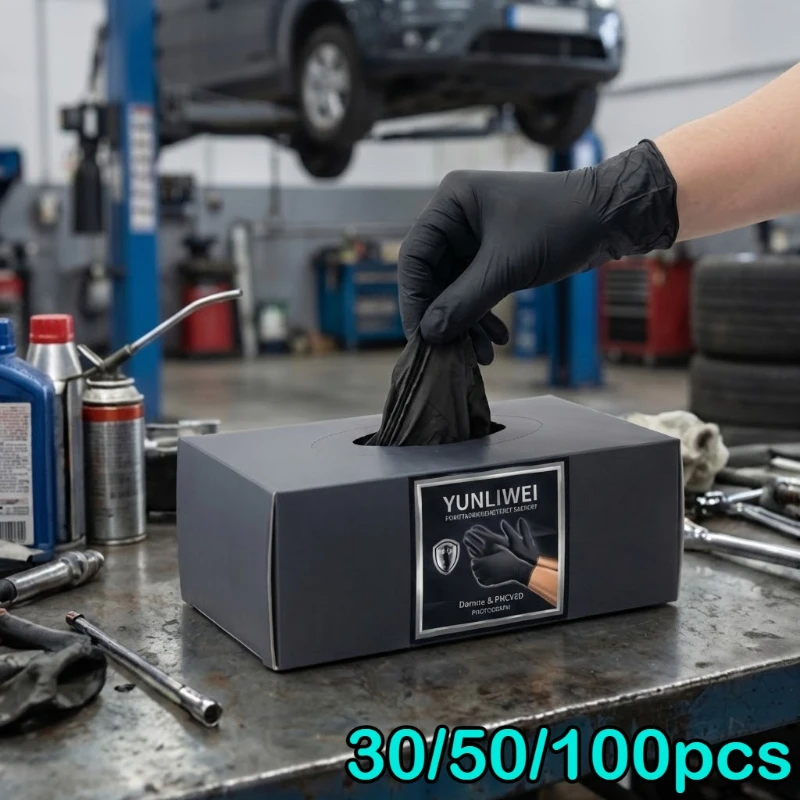 30/50 Stück schwarze Einweghandschuhe aus Nitril-PVC-Mischung, puderfrei, latexfrei, wasserdicht, lebensmittelecht, für Küche, Mechaniker, Tattoo, Reinigung