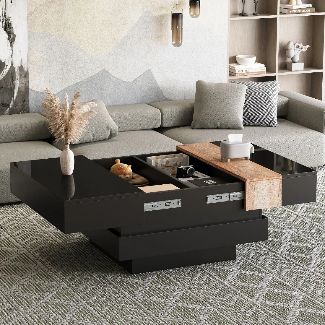 70*70*39cm quadratischer Wohnzimmertisch, ausziehbarer Couchtisch mit verstecktem Stauraum, Hochglanz-Wohnzimmer-Beistelltisch, schwarz, MDF Image