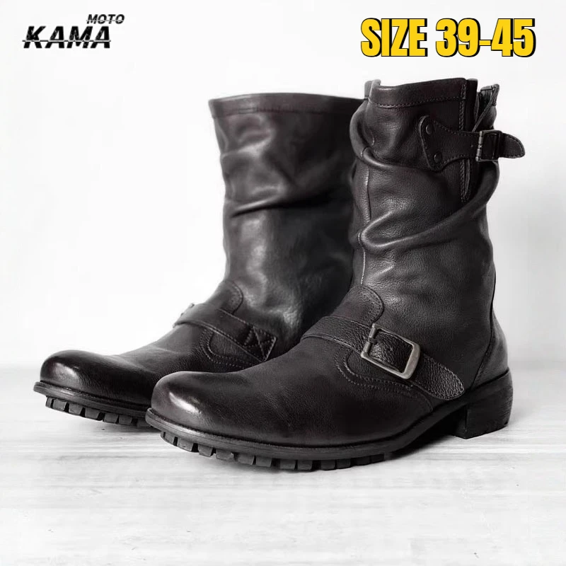 Schwarze Retro-Motorradstiefel für Männer und Frauen, dickbesohlte und hohe Ingenieurstiefel, Motorrad-Chelsea-Schuhe mit Zwischensohle