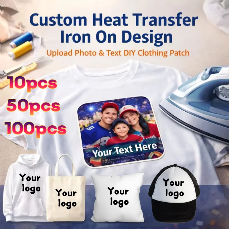 10 Stück 50 Stück Individuelle DTF Heißprägung und Wärmeübertragung Ihrer Logo-Text-Aufkleber, DIY Kleidung und Hüte, Waschbare Patches Image