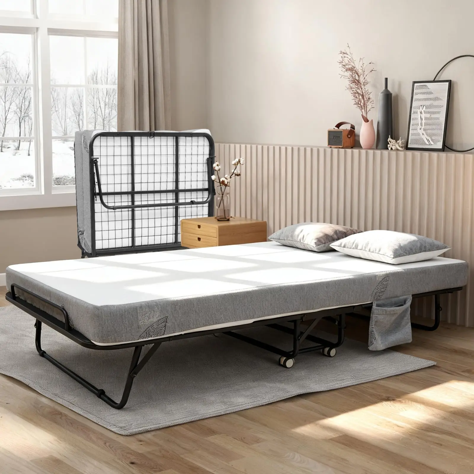 75"x31" Rollbares Klappbett mit 5" Memory-Schaum-Matratze, Robuster Metallrahmen 450LBS, Platzsparendes Tragbares Gästebett Image