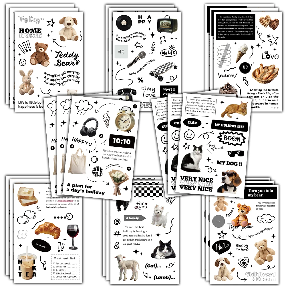 8/16 Stück Schwarz-Weiße Urlaubs-Collage-Aufkleber Harajuku Laptop Gepäck Kaffee Retro Skateboards Fahrrad Handy Exquisite Sticker Image