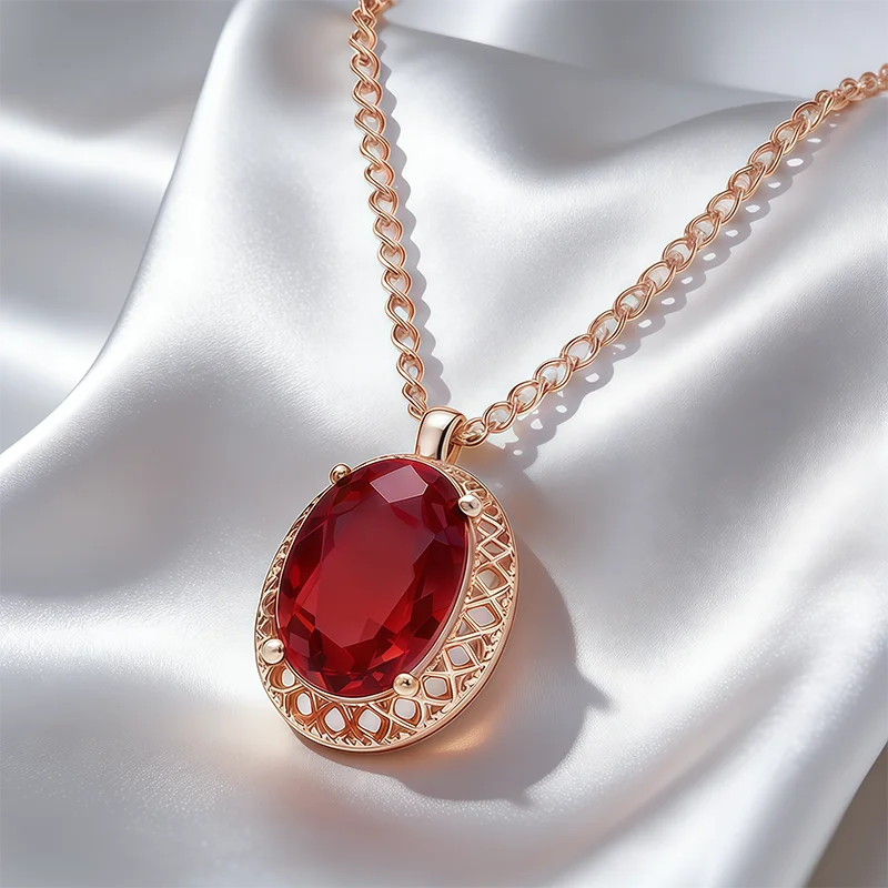 Wbmqda Roter großer Steinanhänger und Halskette für Damen, 585er Roségold, Retro-Schmuckzubehör Image