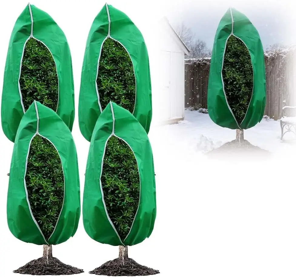Pflanzenabdeckungen, Frostschutz, 4er-Pack Pflanzenabdeckung mit Reißverschluss und Kordelzug, wiederverwendbare Frostschutzabdeckung, große Pflanzenschutztasche Image