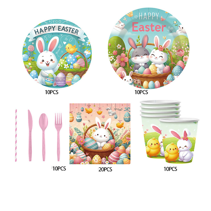 2 Sets Easter Decoration Bunny Themed Party Tableware, Disposable Tissues, Tablecloths, Party Decoration Supplies