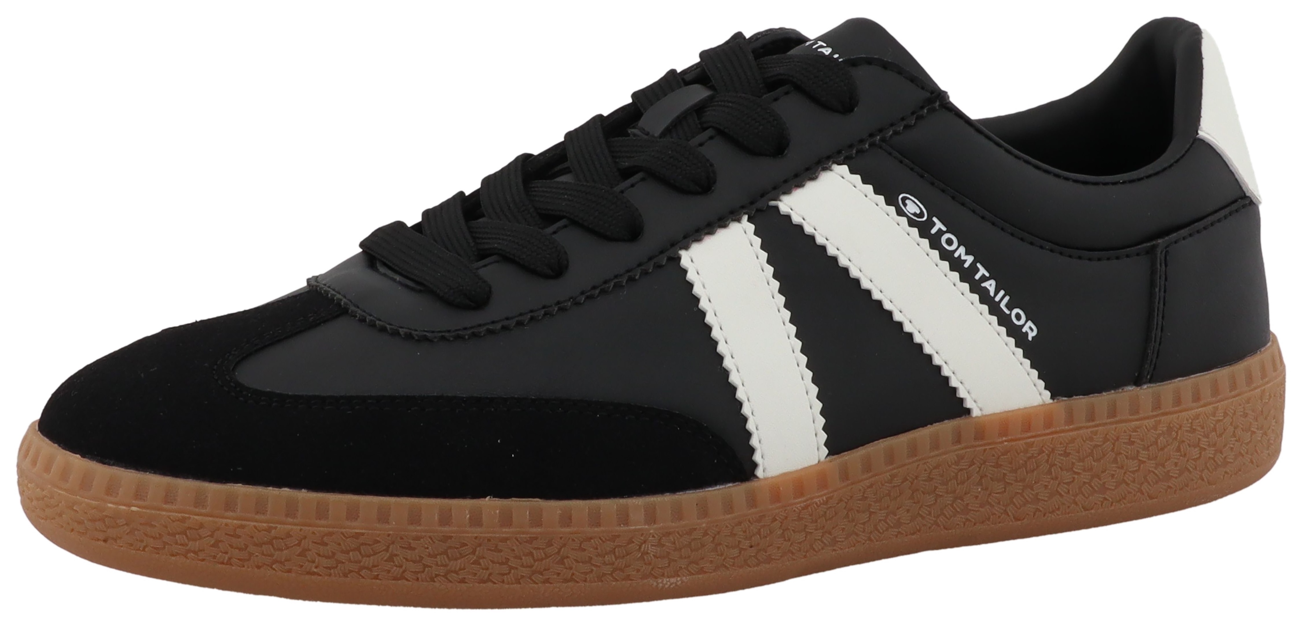 Sneaker TOM TAILOR "Kauthar", Herren, Gr. 43, schwarz, weiß, Lederimitat, Schuhe Sneaker, Freizeitschuh, Halbschuh, Schnürschuh mit Kontrastbesatz