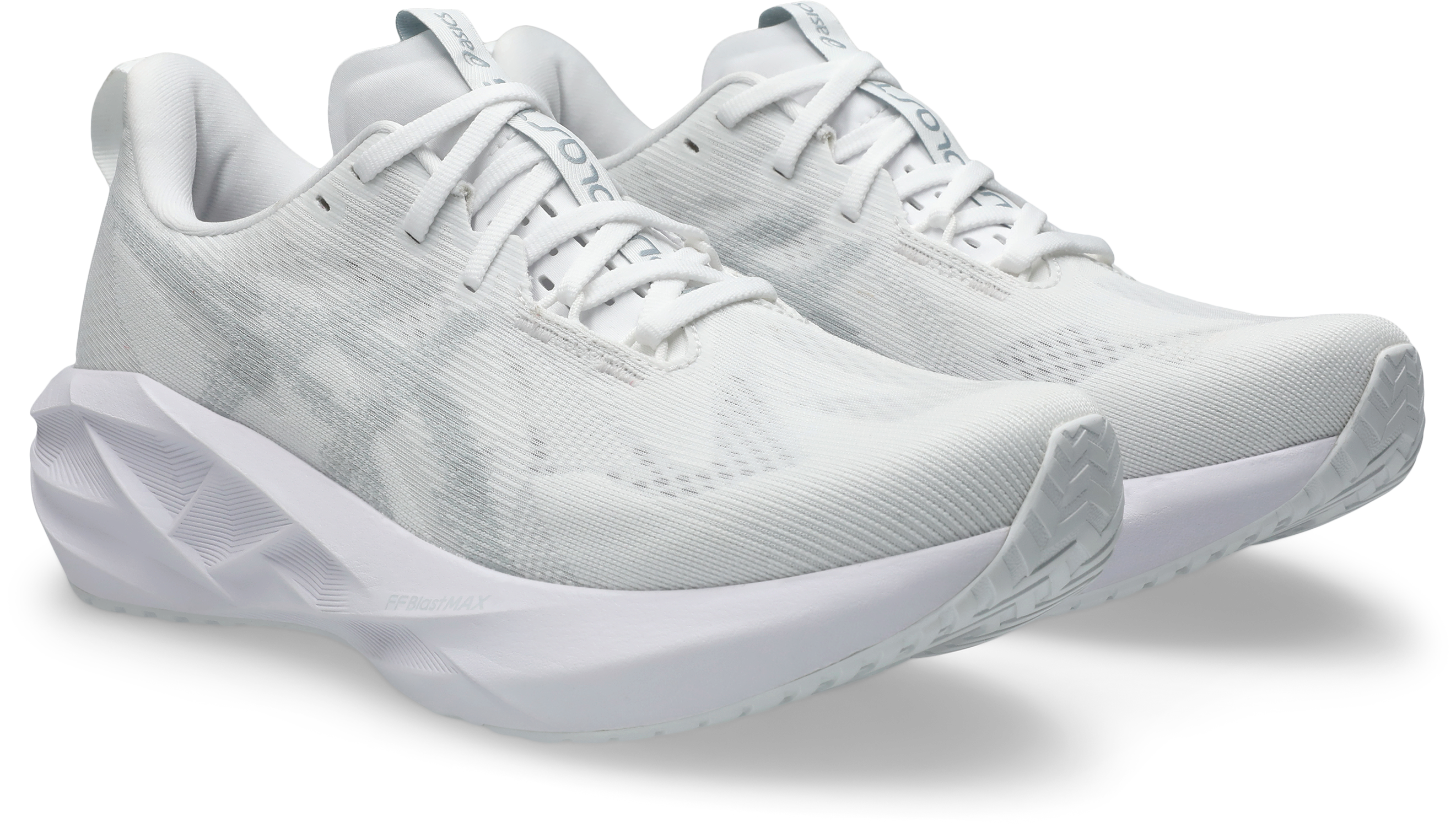 Laufschuh ASICS "NOVABLAST 5", Damen, Gr. 45, weiß, piedmont grau, Synthetik, Schuhe Laufschuh, mit Engineered Jacquard Mesh-Obermaterial, mit FF BLAST MAX Foam