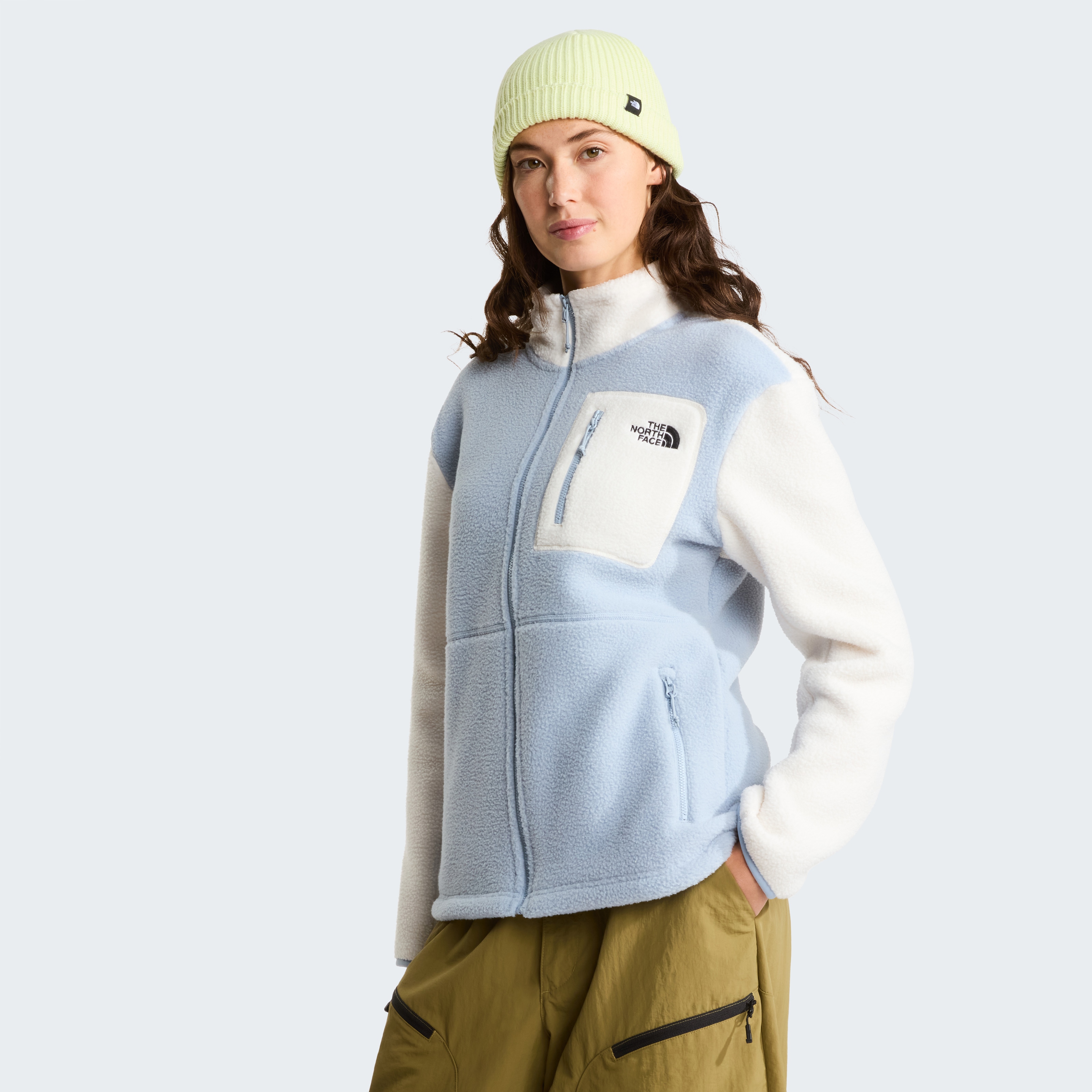 Strickfleece-Pullover THE NORTH FACE "W YUMIORI FULL ZIP", Damen, Gr. XL, frost grau, weiß dune, frost grau, Obermaterial: 100% Polyester, Pullover, aus Polyester, mit durchgehendem Reißverschluss