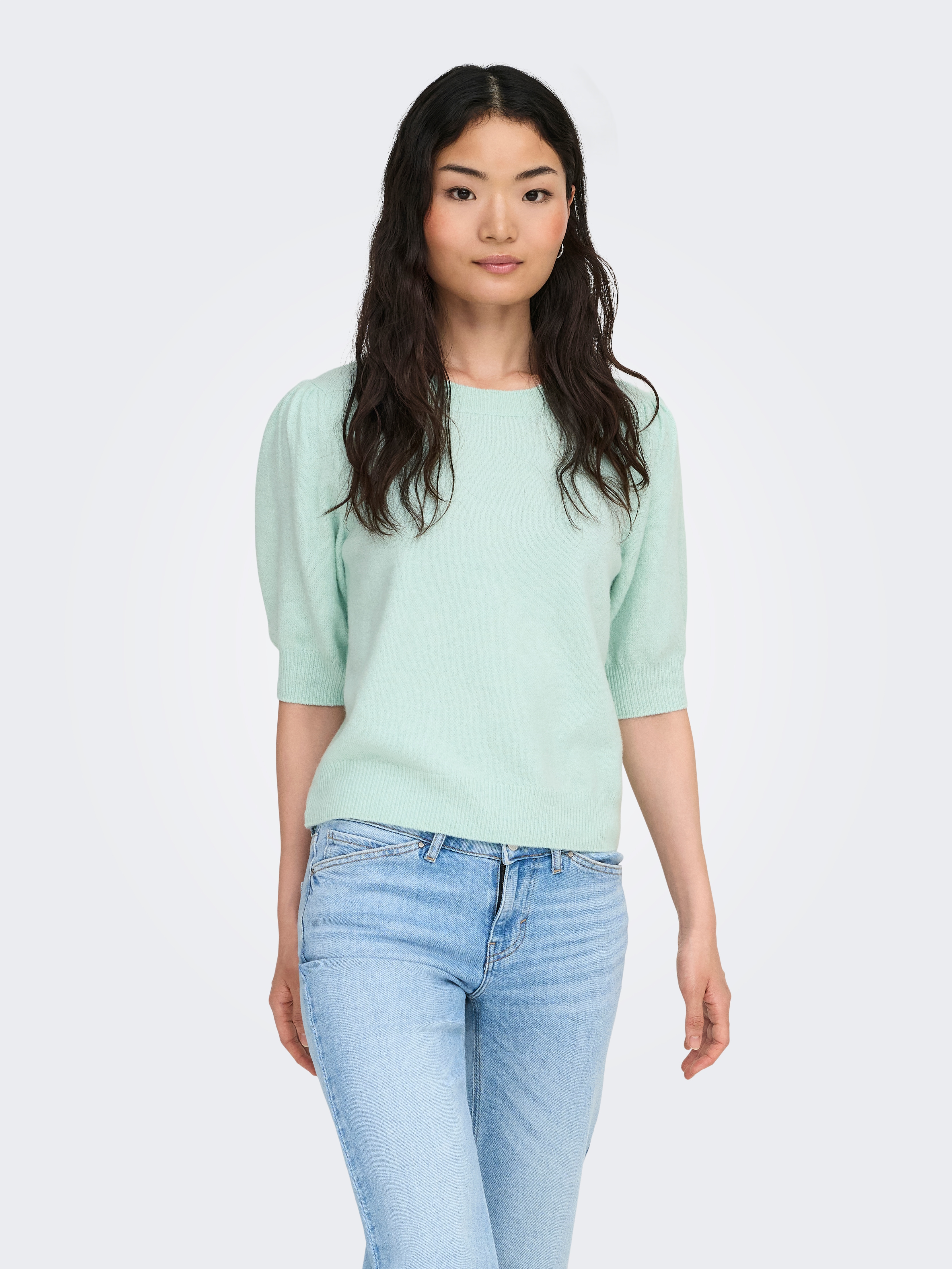 Strickpullover ONLY "ONLRICA LIFE 2/4 PULLOVER KNT NOOS", Damen, Gr. XL, mist grün detail:melange, Strick, Obermaterial: 93% Polyester, 4% Nylon, 3% Elasthan, meliert, regular fit hüftlang, Rundhals, Rippbündchen, Pullover Strickpullover, Materialmix