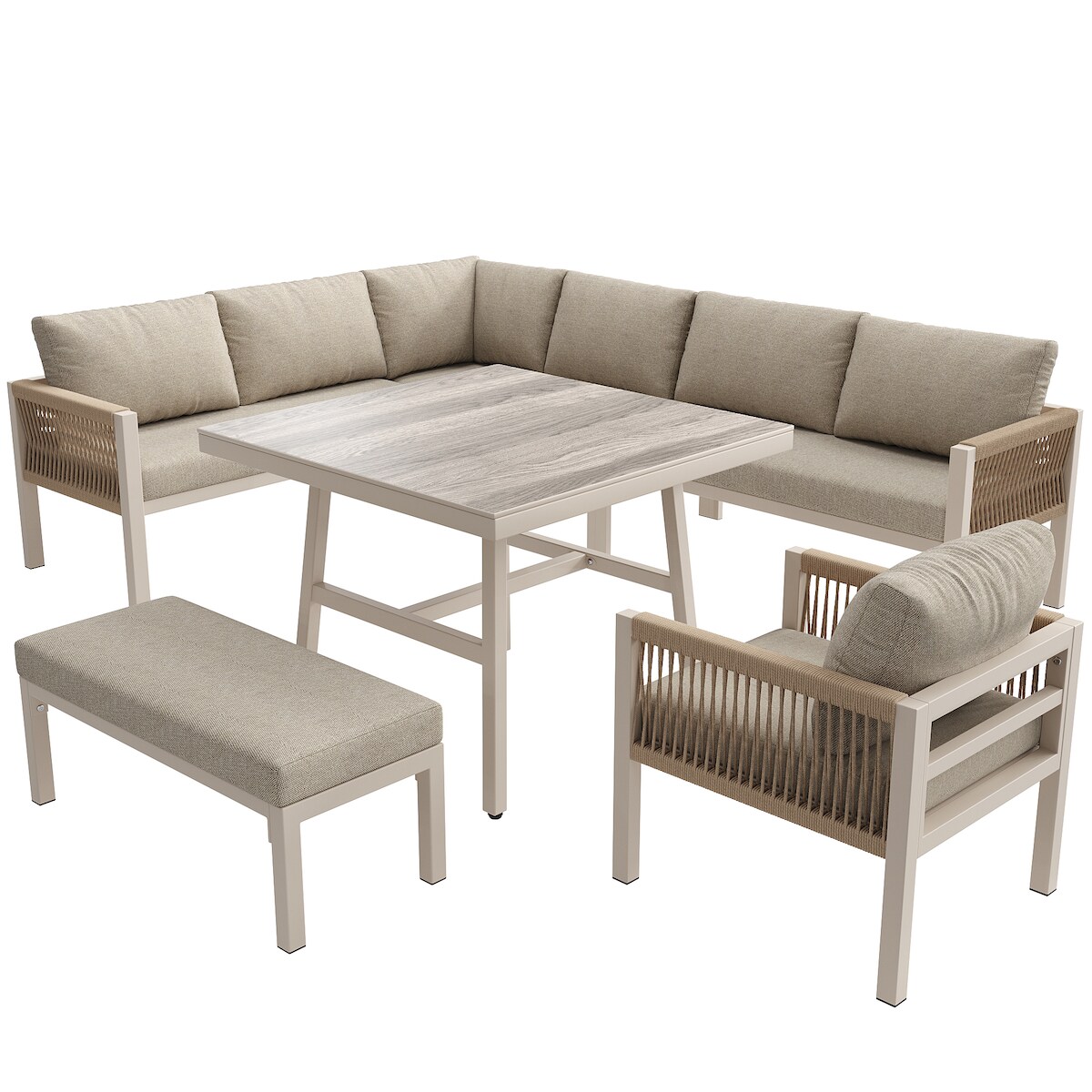 Merax Modulares Gartenmöbel-Set für 8 Personen, L-Form Sofa, Sofabank, Sessel & Tisch (Marmorglas), mit Kissen, wetterfest, Beige Image