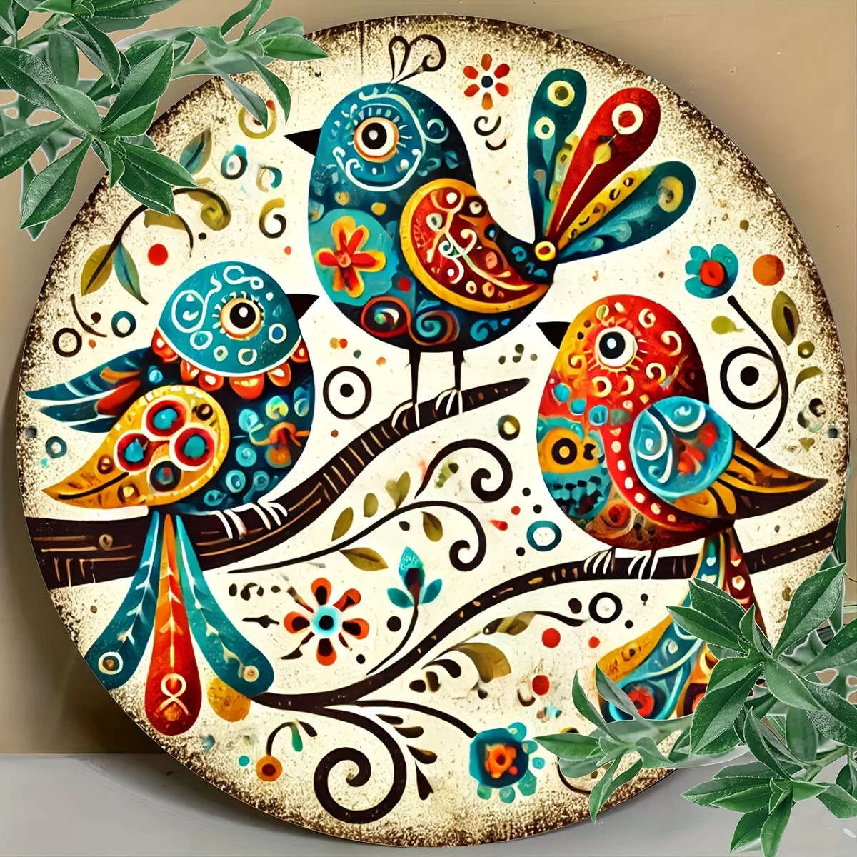 Buntes Vogel-Trio-Rundmetall-Wandkunst – 20,3 x 20,3 cm großes, lebendiges Eisen-Schild mit floralen Akzenten, perfekt für Zuhause, Bar, Café-Dekoration, Bir Image