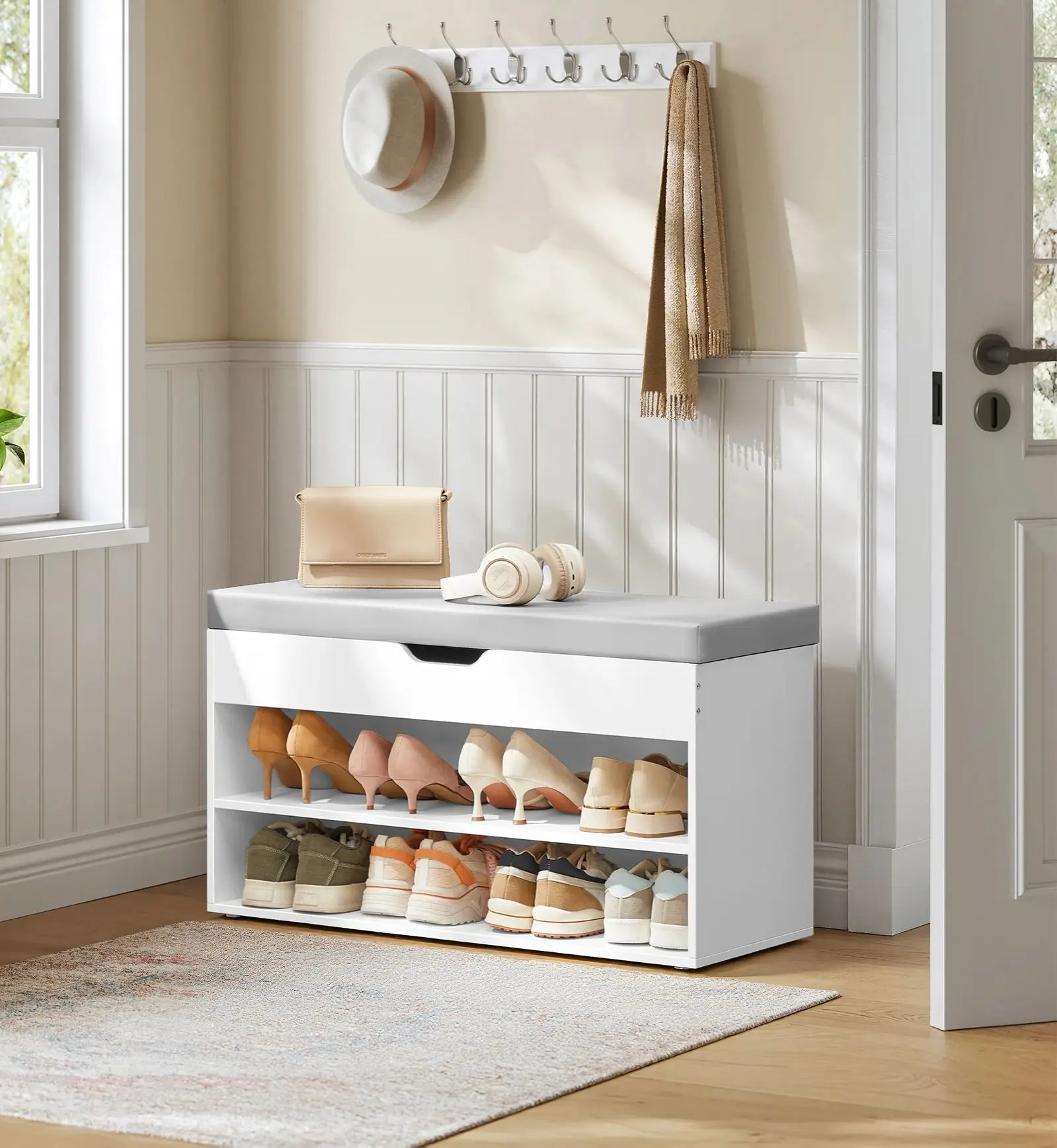 VASAGLE Schuhbank mit Sitzkissen, Schuhregal mit 3 Ebenen, 30 x 80 x 44 cm, weiß-grau
