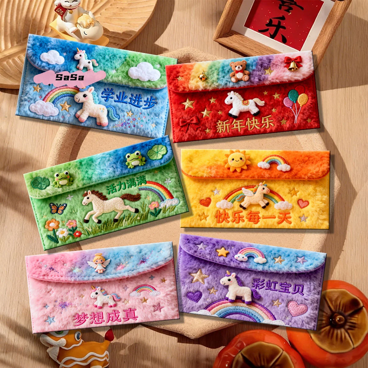 6 Stück 2026 Chinesisches Neujahr Rote Umschläge Kunstfell Flaches Design Cartoon Pferd Jahr Glücksgeld-Umschläge für Kinder Kreatives Geschenk Image