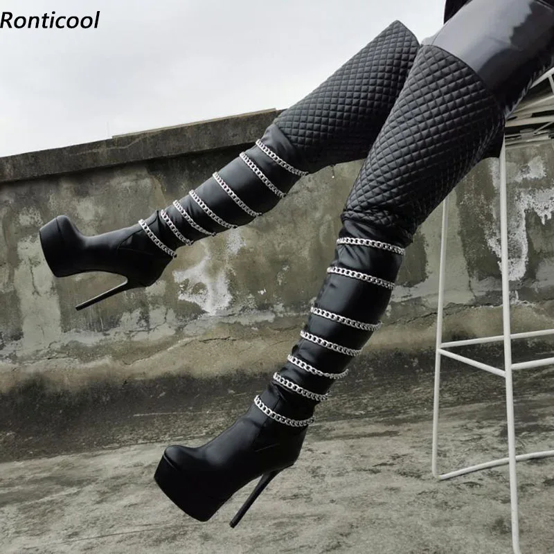Ronticool Handgemachte Frauen Winter Plattform Oberschenkel Stiefel Sexy Kette Stiletto Heels Runde Kappe Schwarz Weiß Bankett Schuhe Uns Größe 5-20