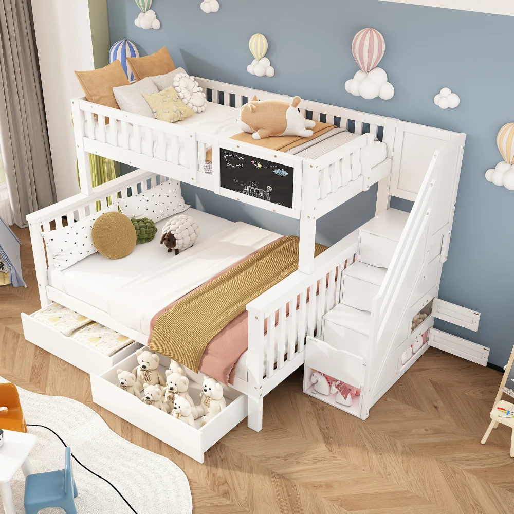Platzsparendes Kinder-Multifunktions-Etagenbett 90x200+140x200 mit Integriertem Schreibtisch & Aufbewahrungsschubladen Weiß Ohne Matratze für Schlafzimmer