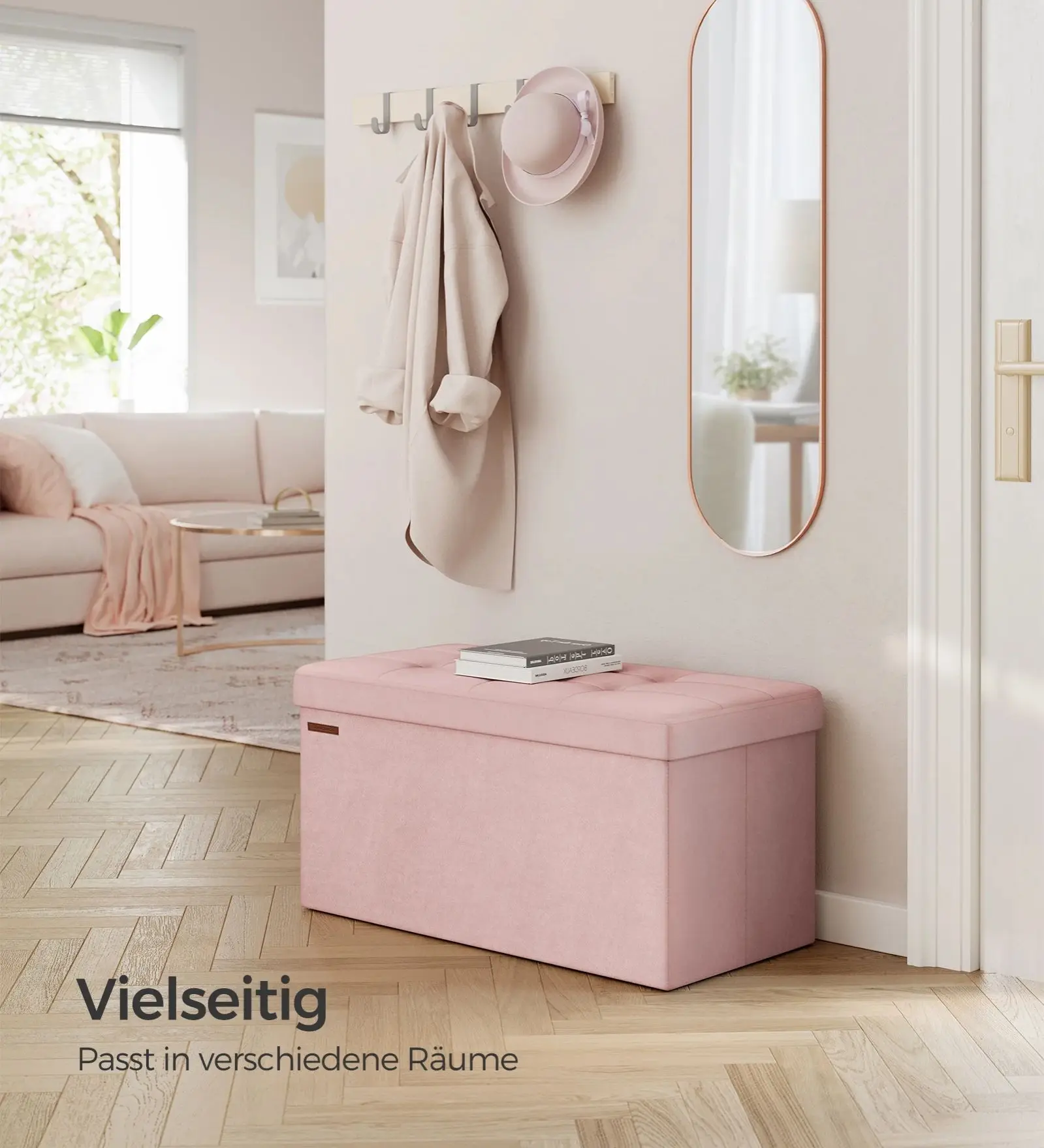 SONGMICS Sitzbank mit Stauraum aus Samt, 38 x 76 x 38 cm, klappbare Sitztruhe, 2 extra Aufbewahrungsboxen, bis 300 kg belastbar Image