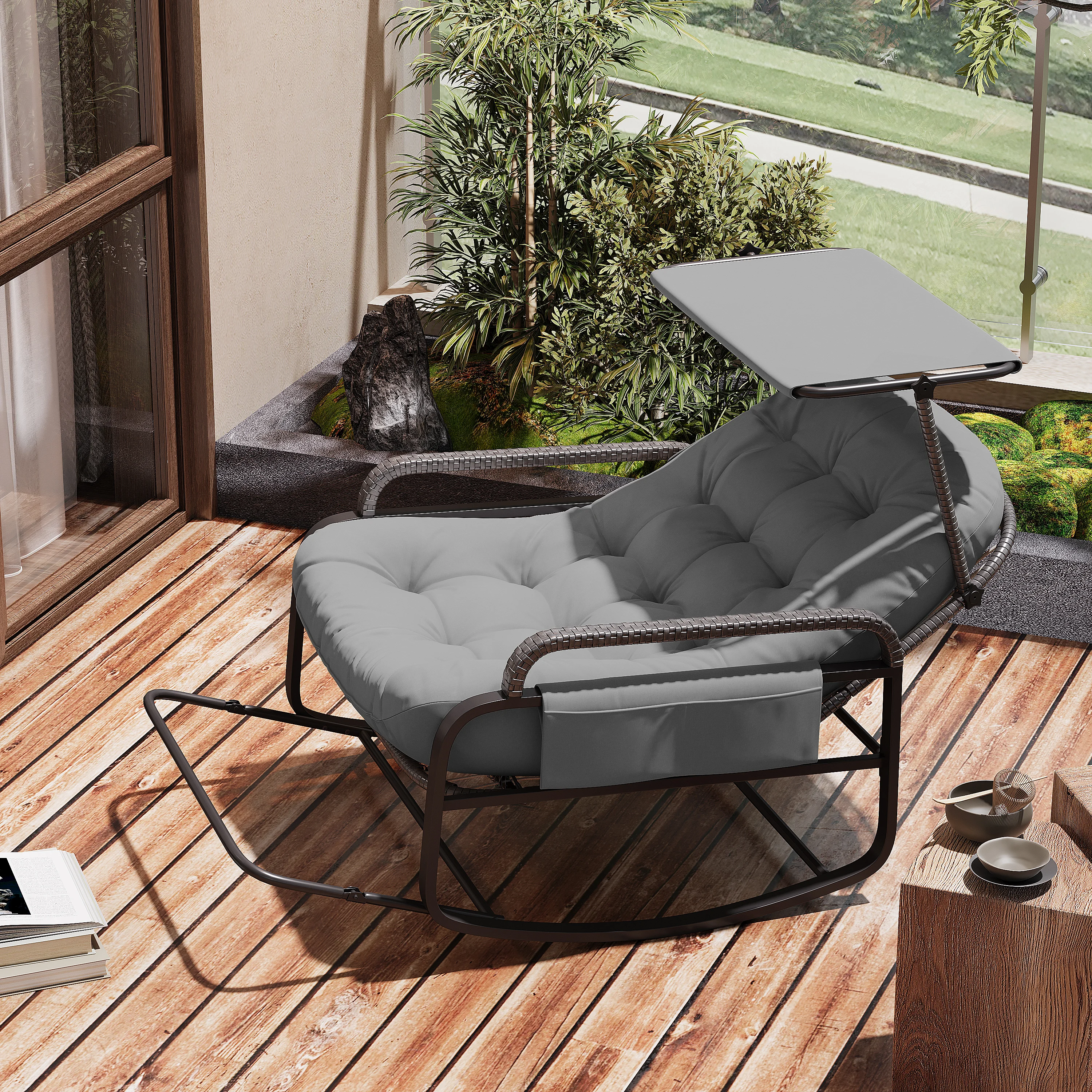 Comanlai Outdoor-Schaukelstuhl mit verstellbarer Rückenlehne, faltbarer Ottomane, Armlehnen, Entspannungsstuhl mit weichen Sonnenblenden Image