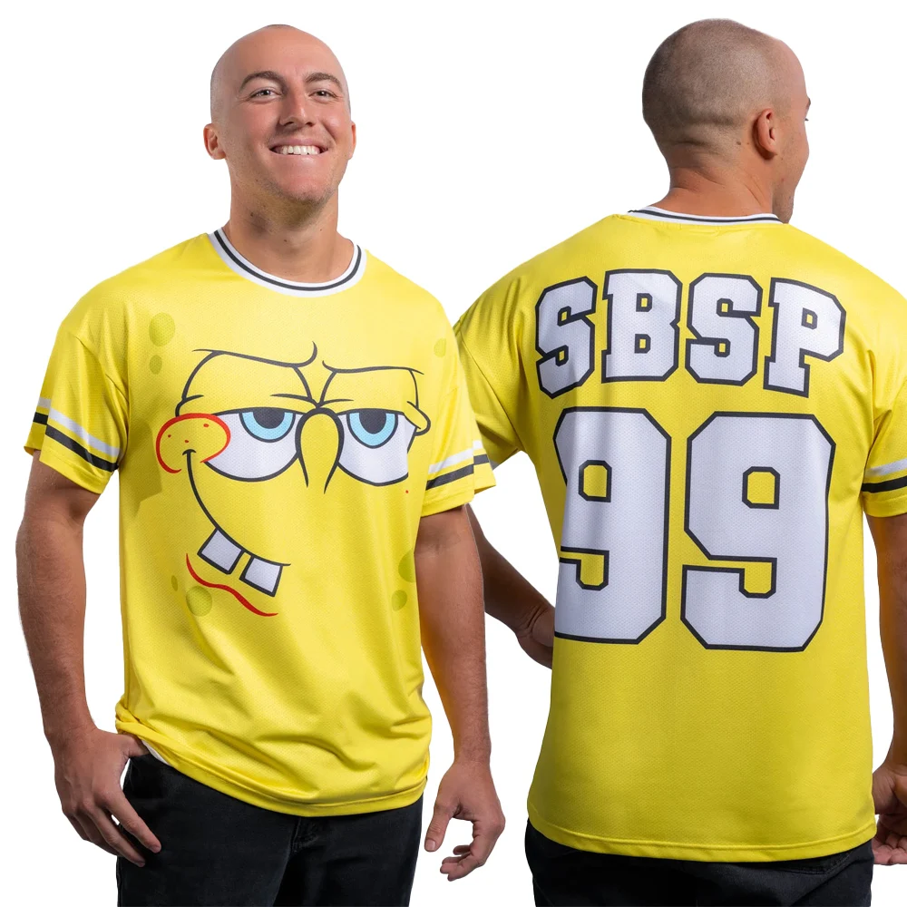 SpongeBob Schwammkopf 99 Jersey Unisex Gelbes Kurzarm-T-Shirt mit sarkastischem Gesichtsdruck, lässige sportliche Streetwear für Männer und Frauen