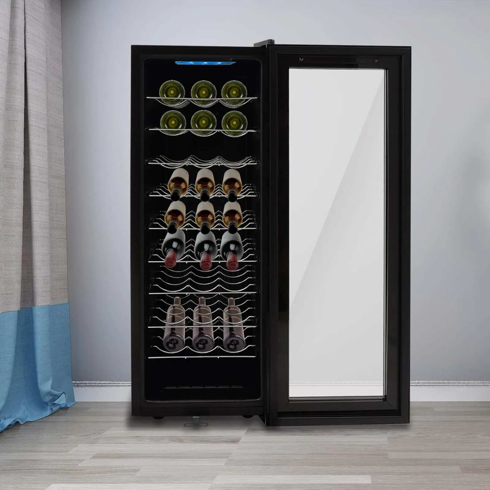 Réfrigérateur à vin autonome, réfrigérateur à vin, 30 bouteilles, 90 L, porte en verre trempé avec éclairage LED, 12-18 ° Réfrigérateur à vin (140W)