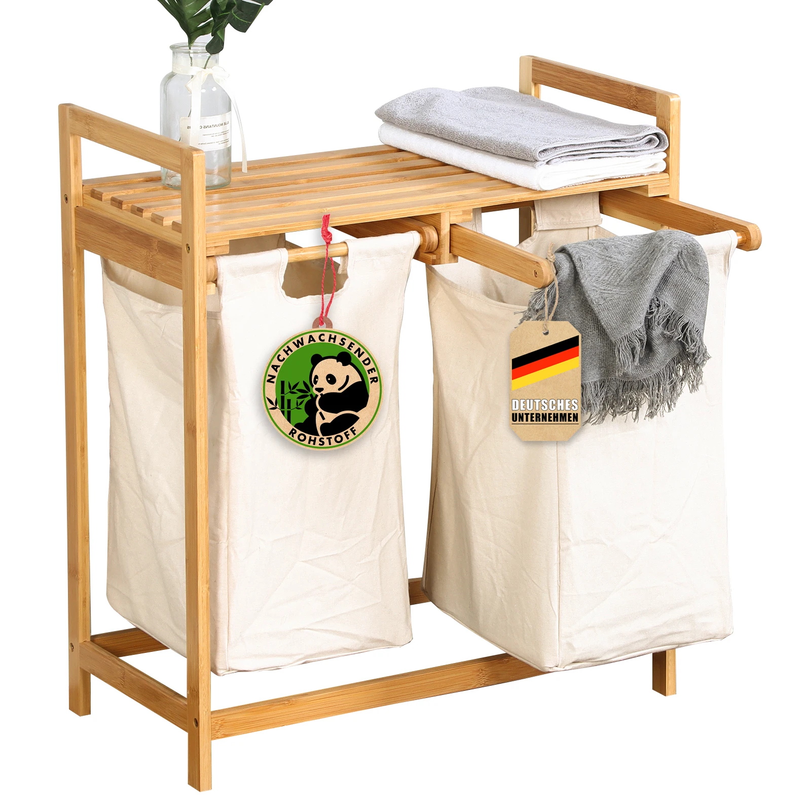 FLOORDIREKT Wäschekorb Dakota – Wäschesammler mit 2 Fächern & Deckel – Großer Wäschesortierer aus Holz für Schmutzwäsche Image